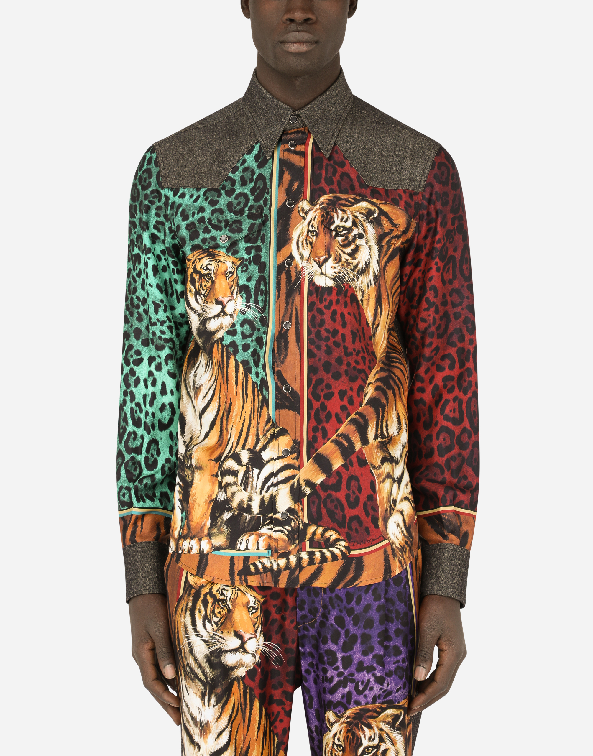 Silk twill and denim shirt with tiger print in Multicolor