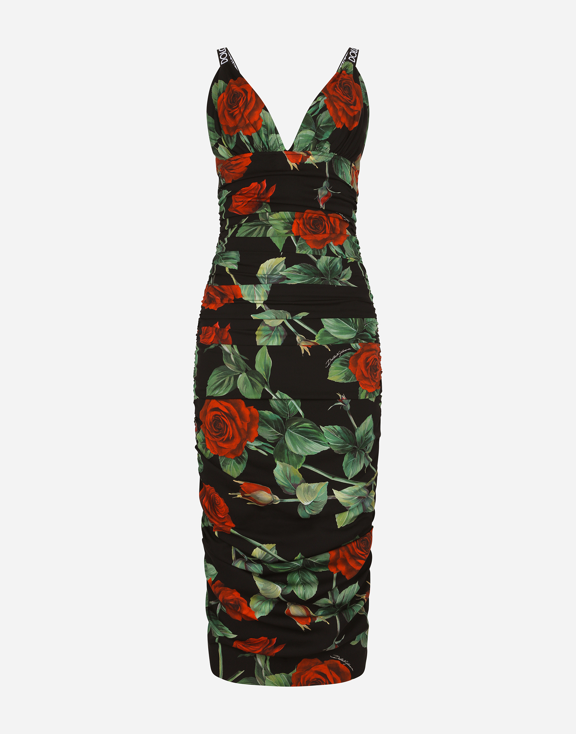 Charmeuse midi dress with red rose print in Multicolor