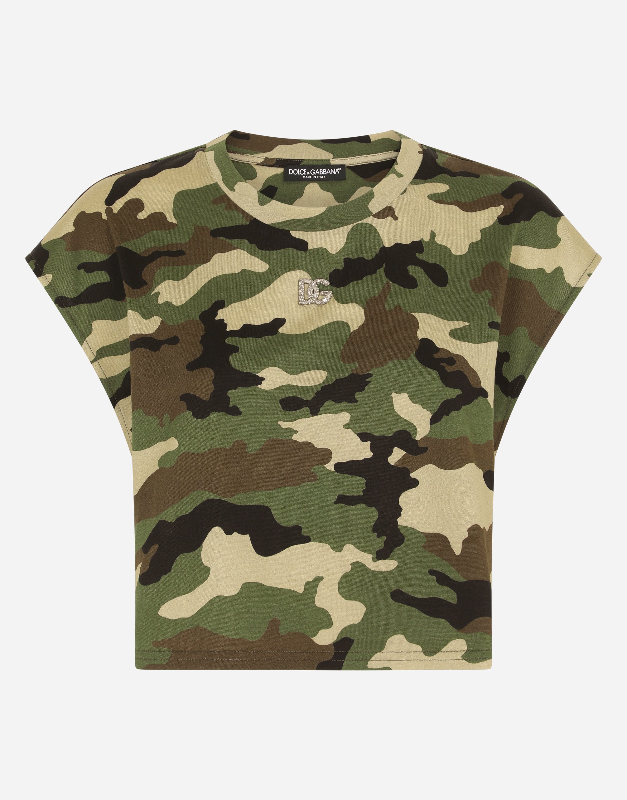 Cropped camouflage-print jersey T-shirt in Multicolor