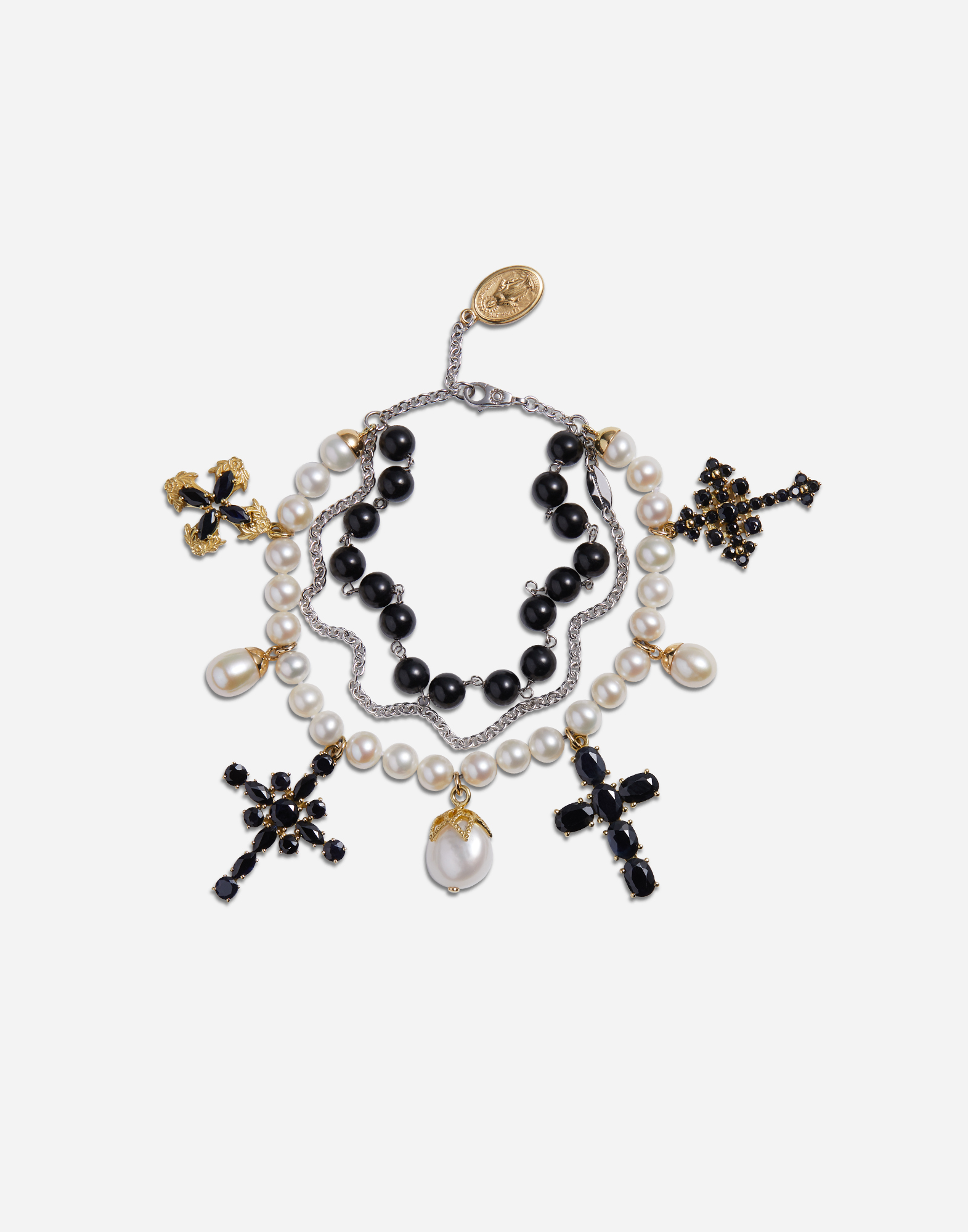 Yellow and white gold family bracelet with cblack sapphire, pearl and black jade beads in Gold