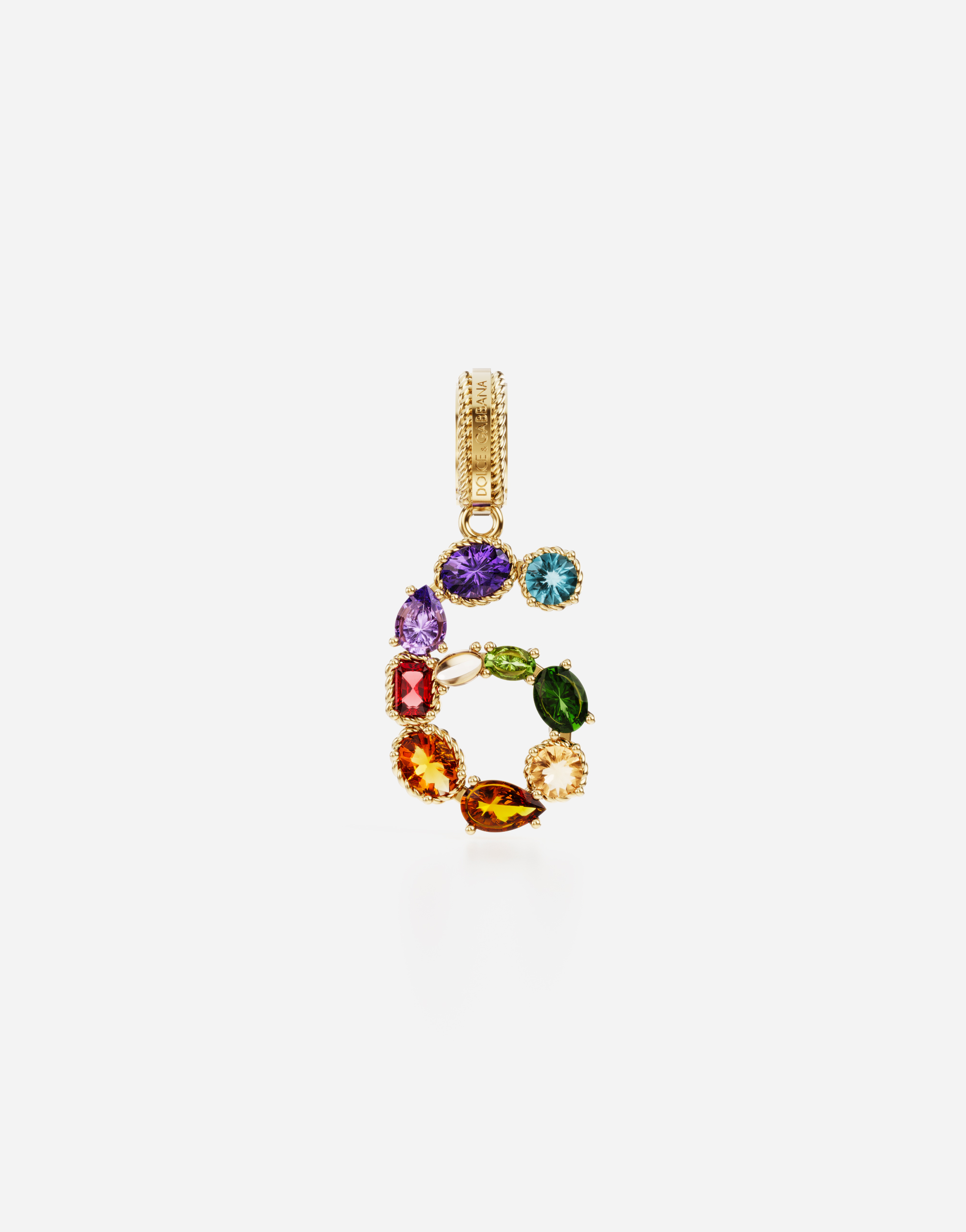 18 kt yellow gold rainbow pendant  with multicolor finegemstones representing number 6 in Yellow gold