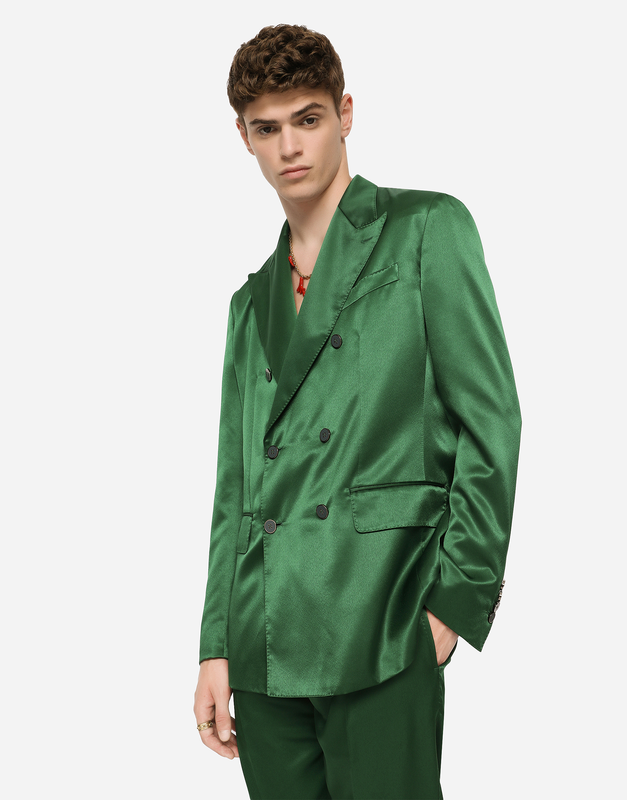 Deconstructed double-breasted satin jacket in Green