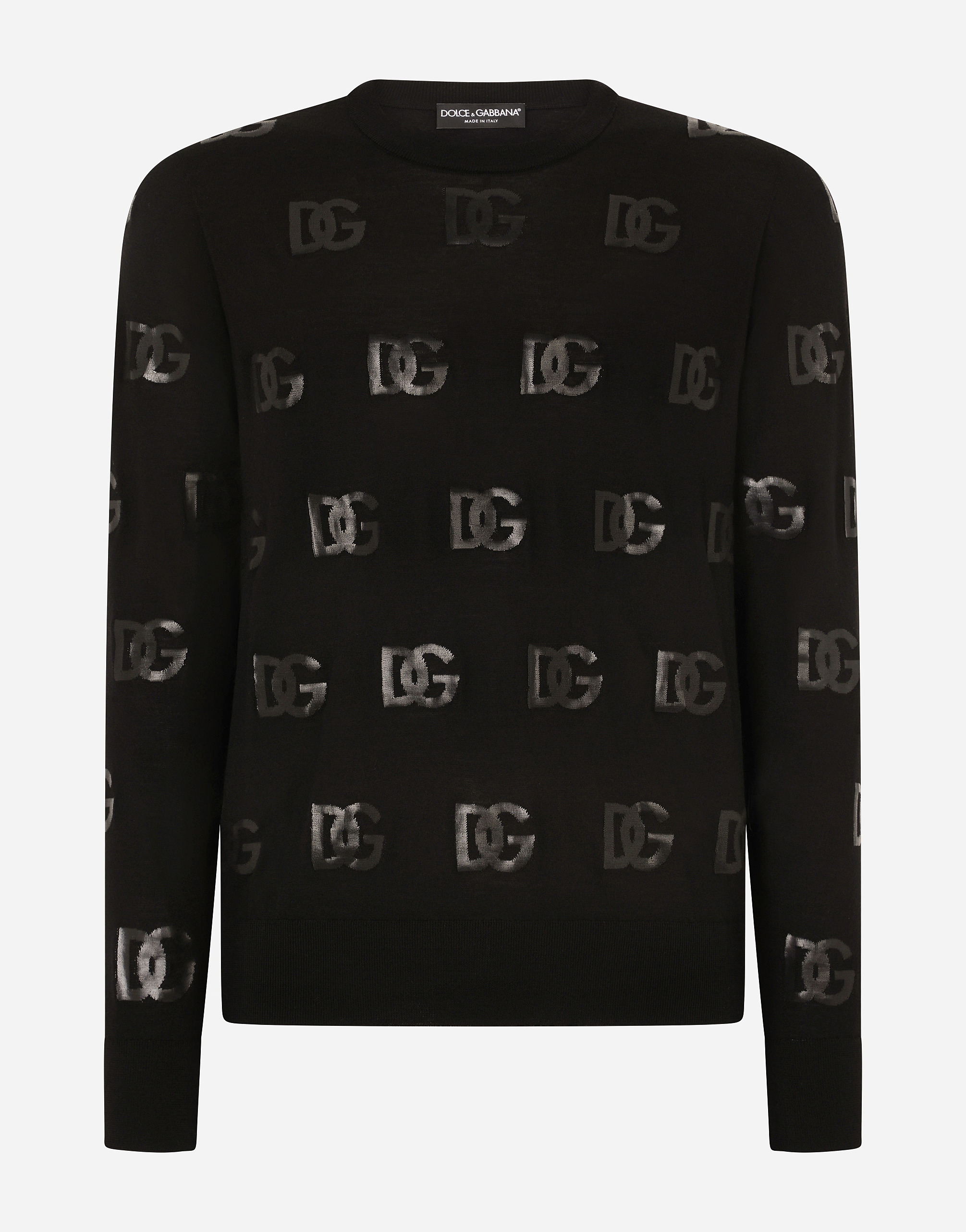 Round-neck wool jacquard sweater with DG detail in Black