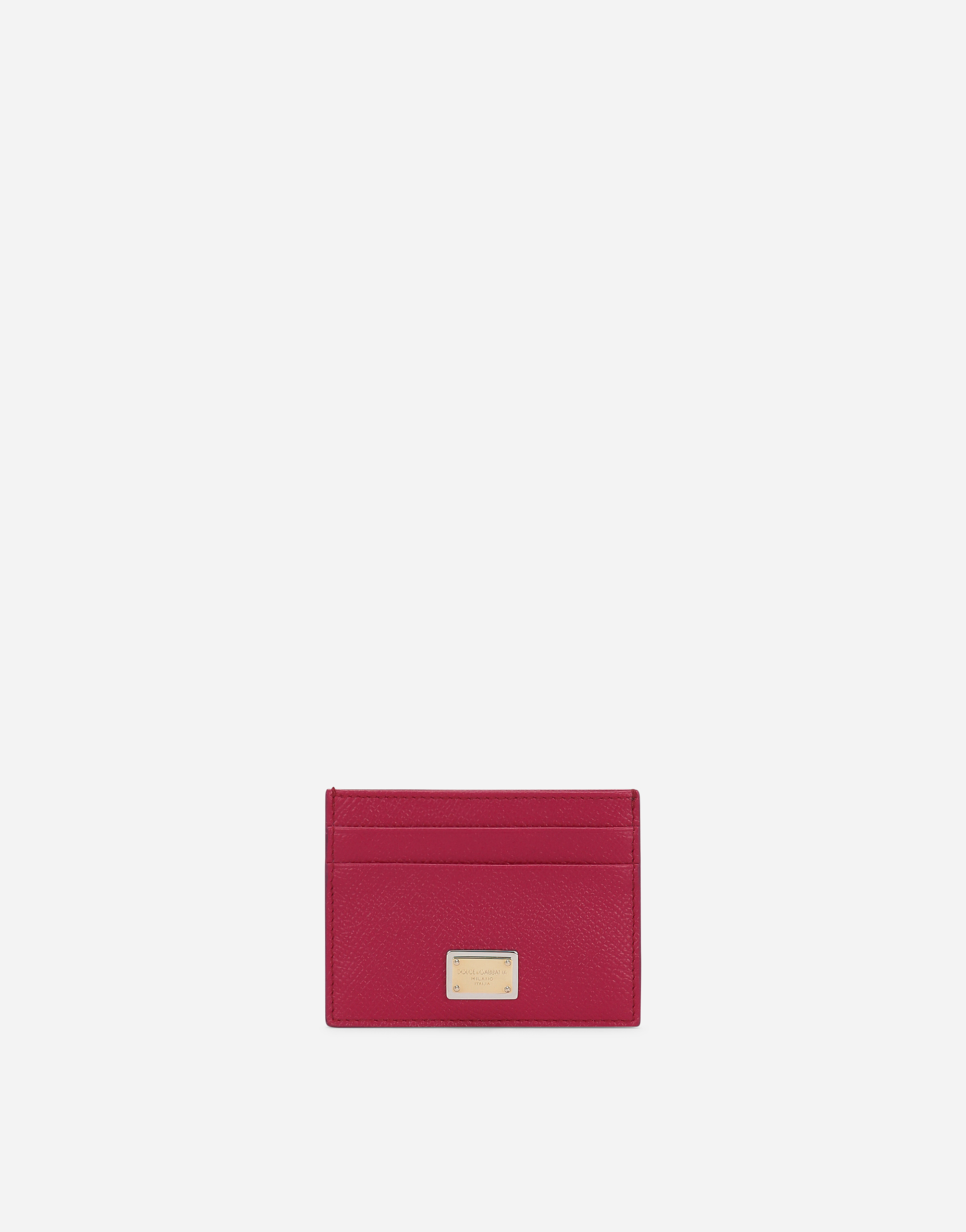 Dauphine calfskin card holder with branded tag in Fuchsia
