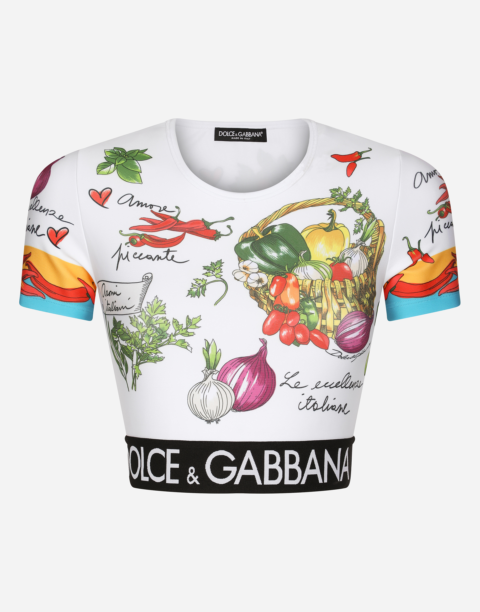 Vegetable-print jersey top with branded elastic in Multicolor