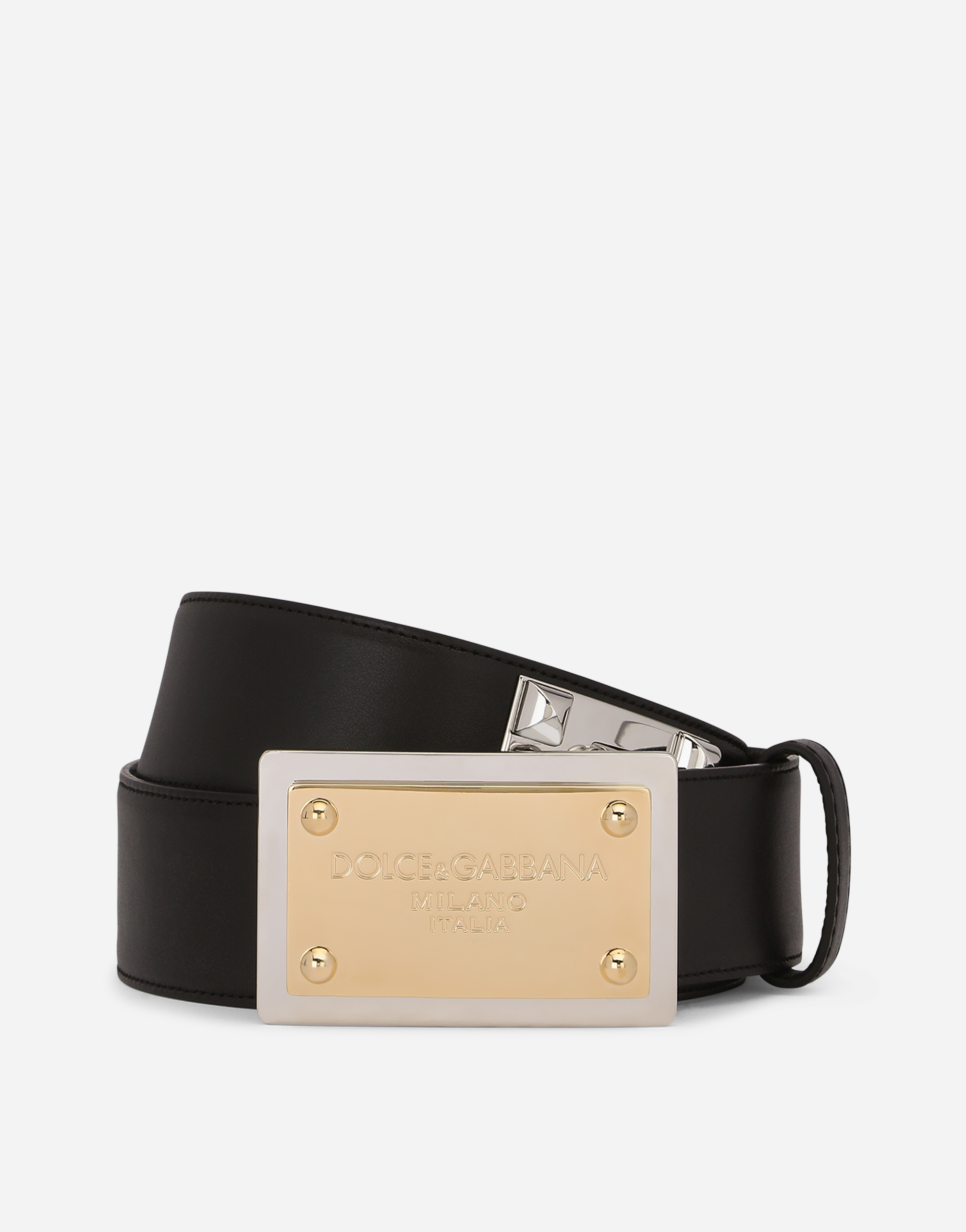 Calfskin belt with chain and branded tag in Multicolor