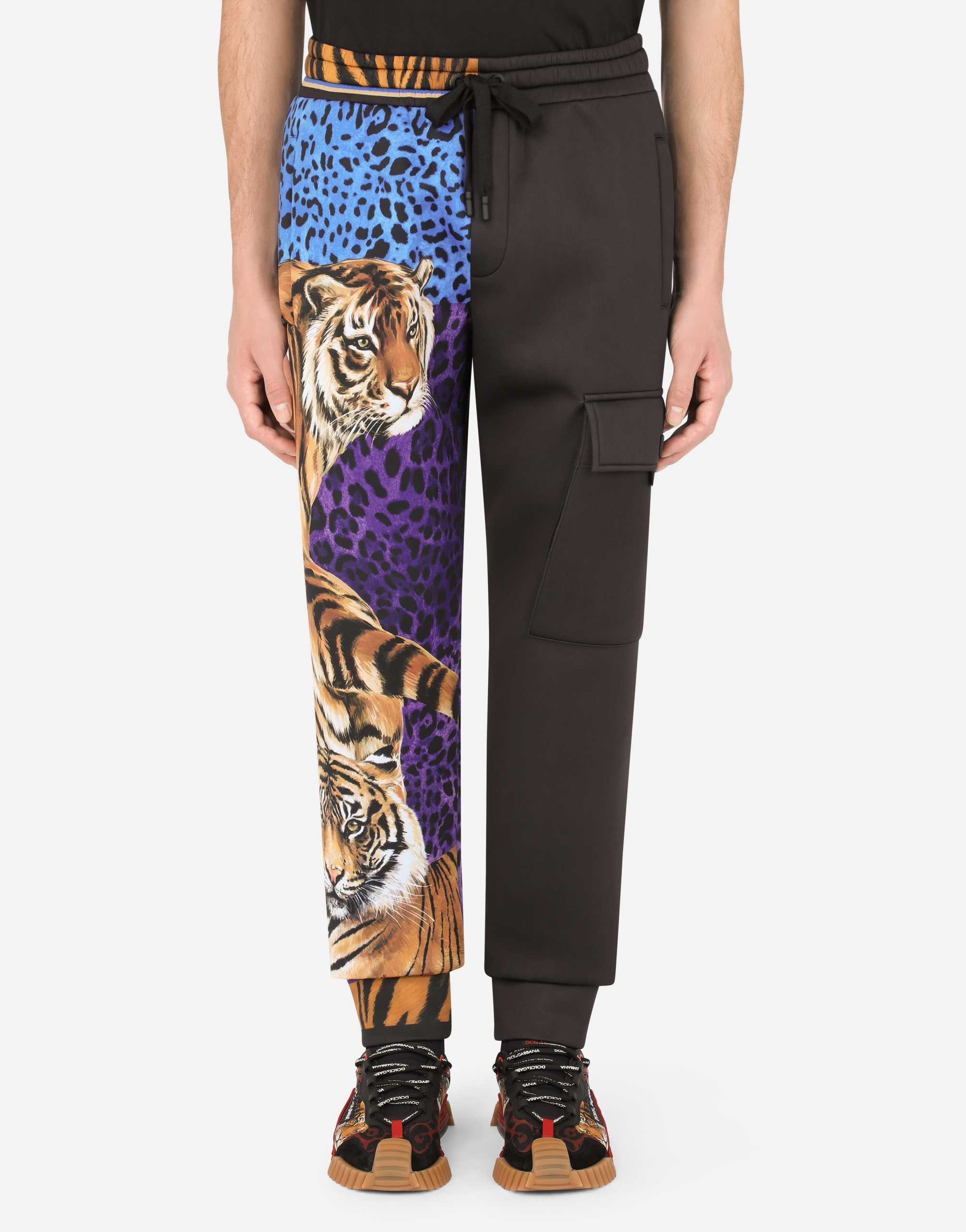 Technical jersey jogging pants with tiger print in Multicolor