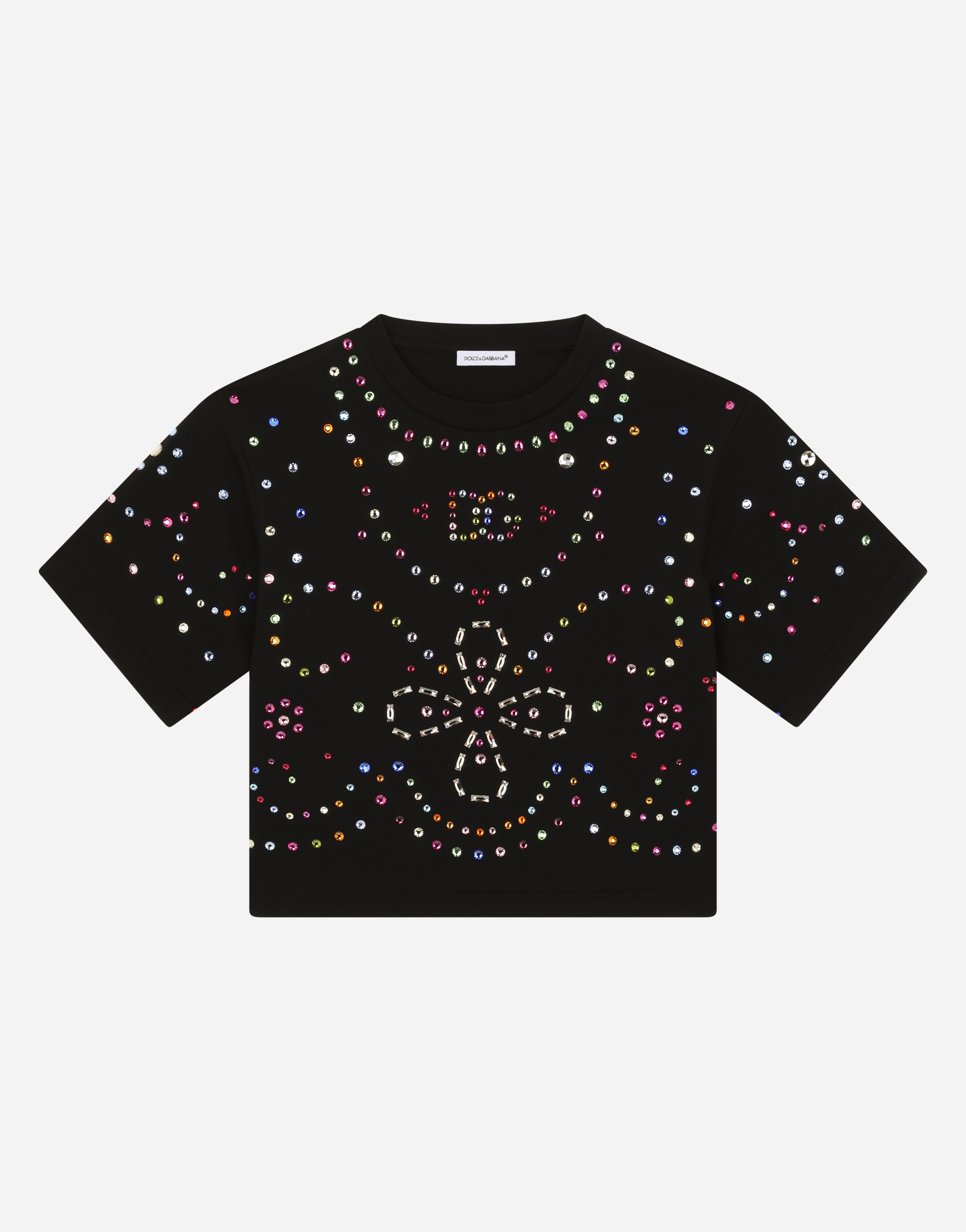 Jersey T-shirt with multi-colored fusible rhinestones in Black