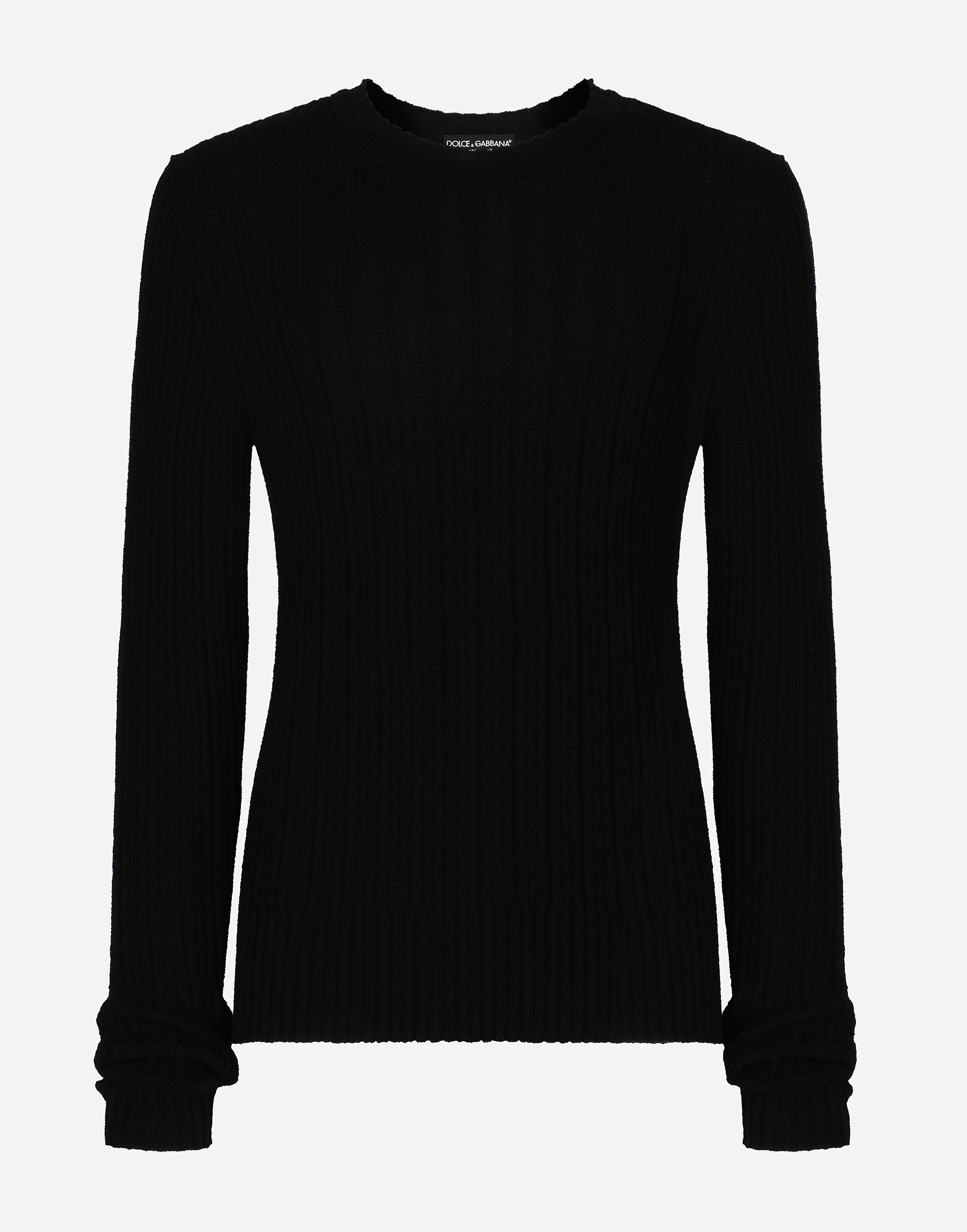 Crew neck sweater in ribbed technical cotton in Black