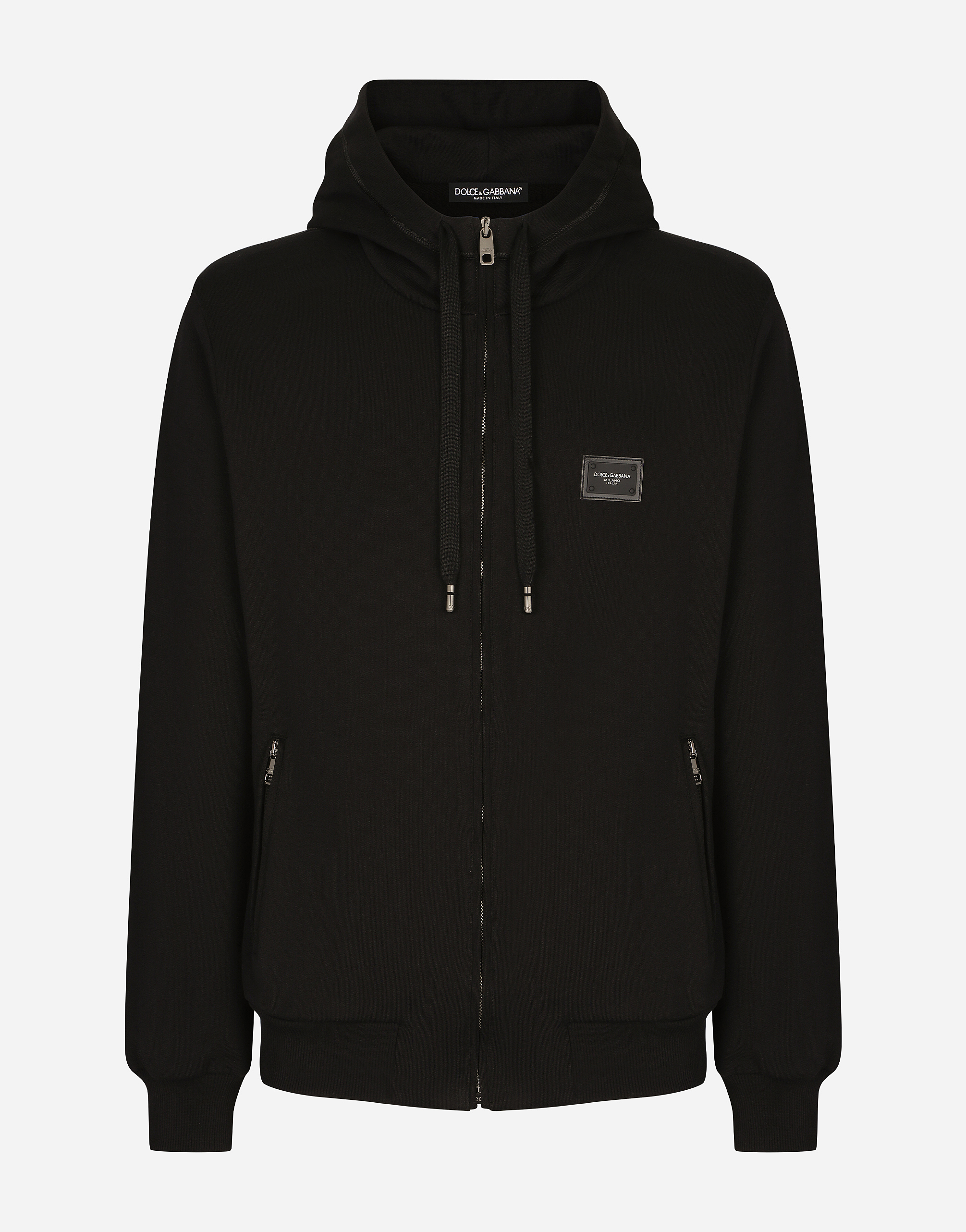 Jersey hoodie with zip in Black