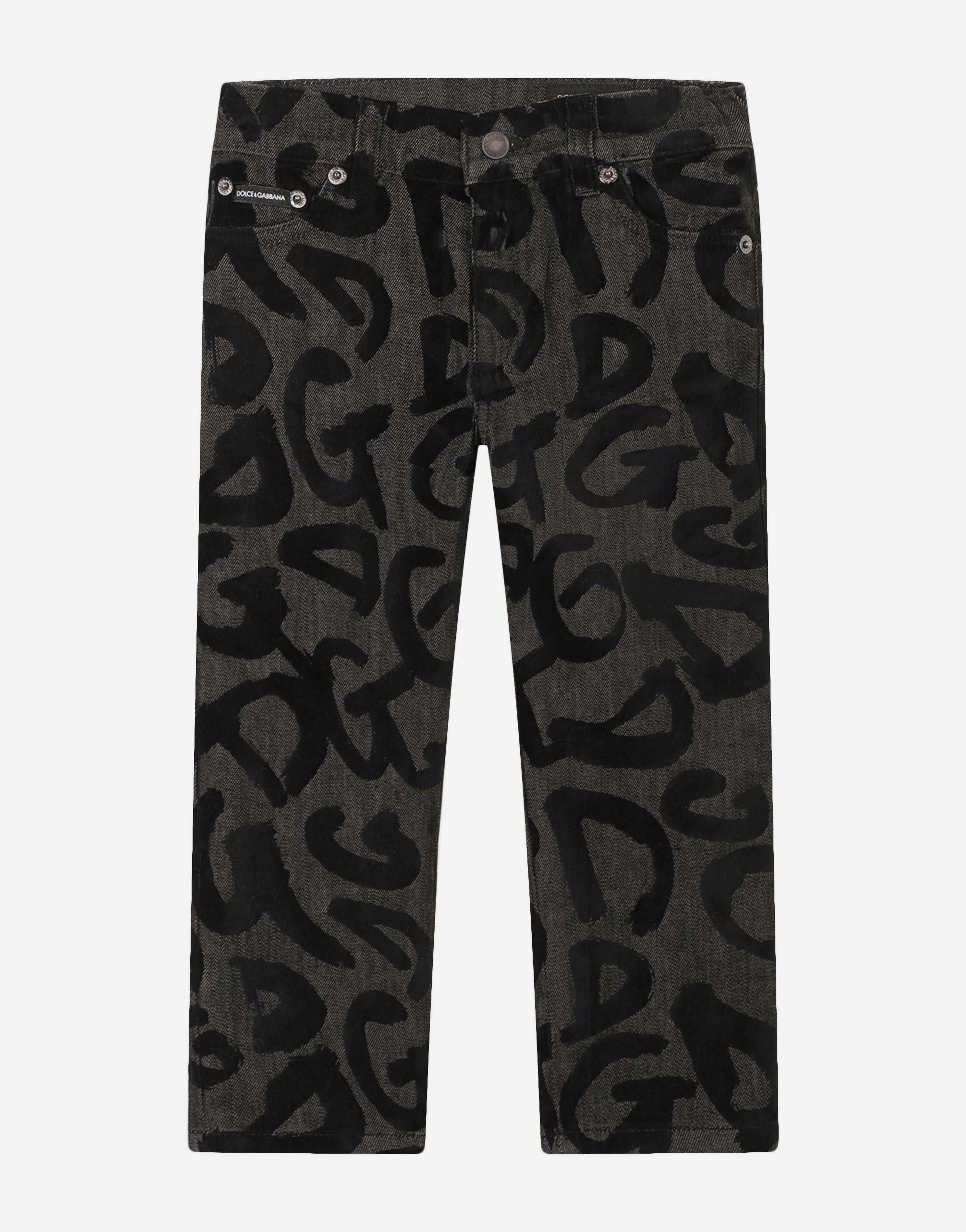 Baggy stretch jeans with flocked logo print in Multicolor