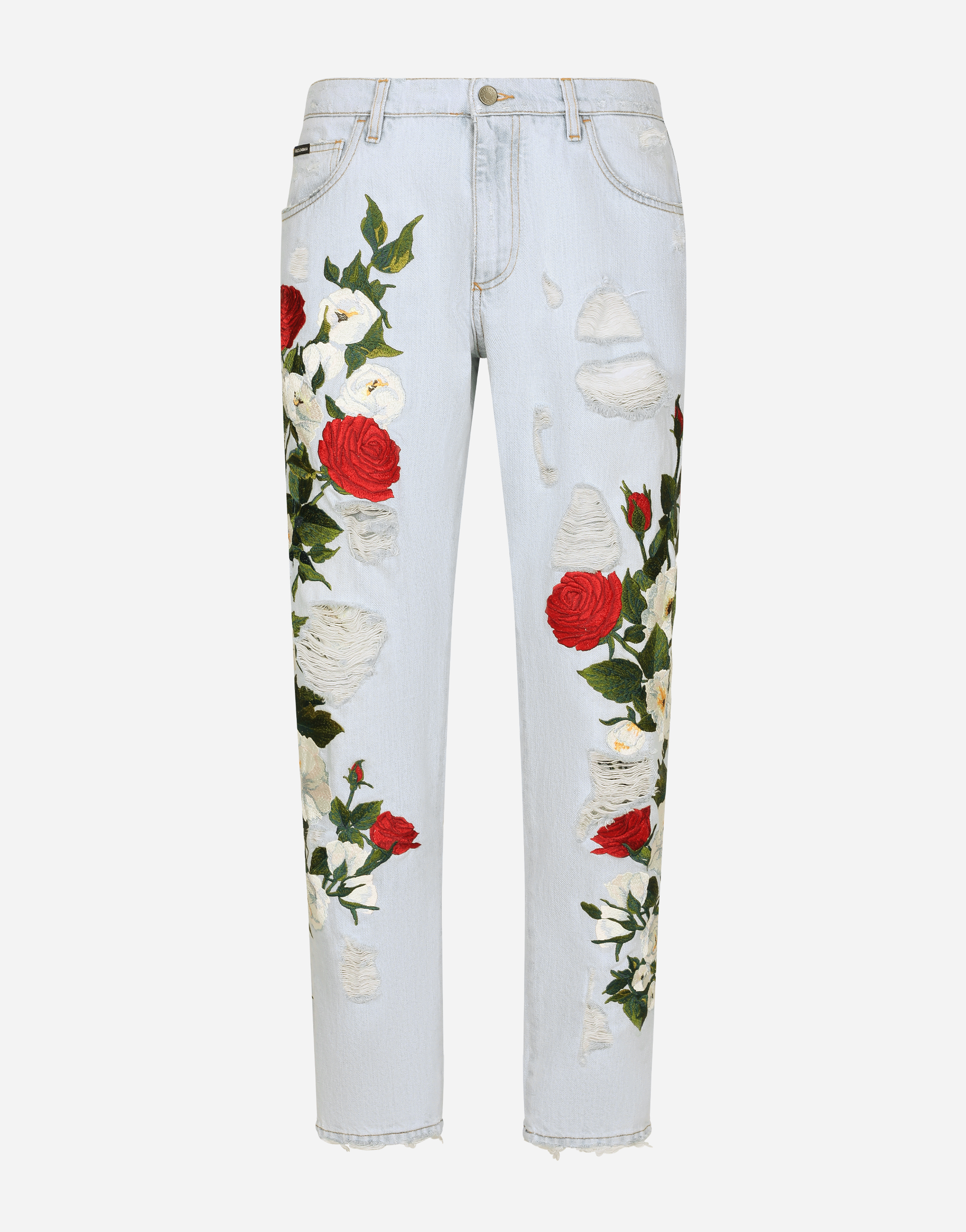 Loose light blue jeans with floral embroidery in Multicolor