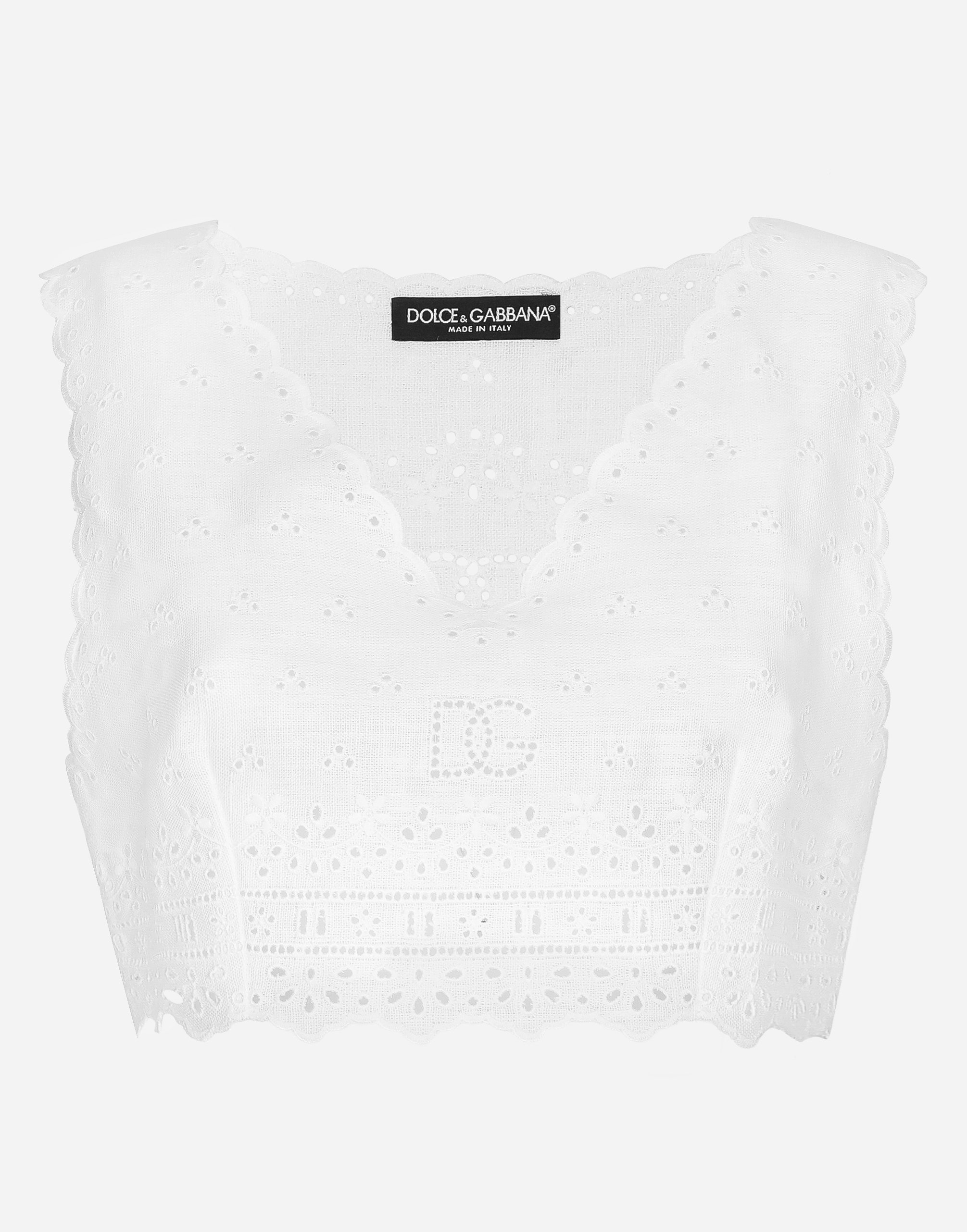 Embroidered linen top in White
