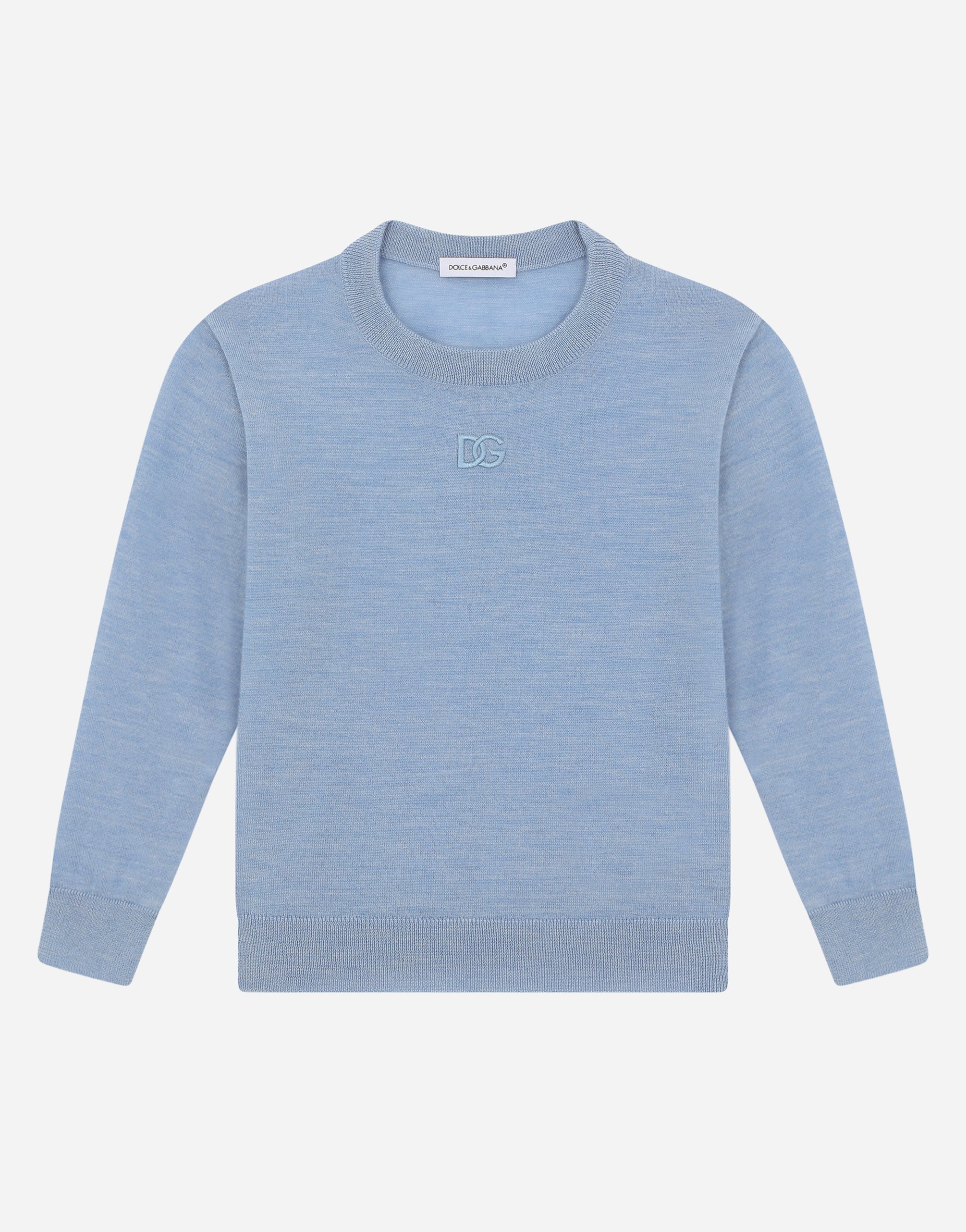 Cashmere round-neck sweater with DG logo embroidery in Azure