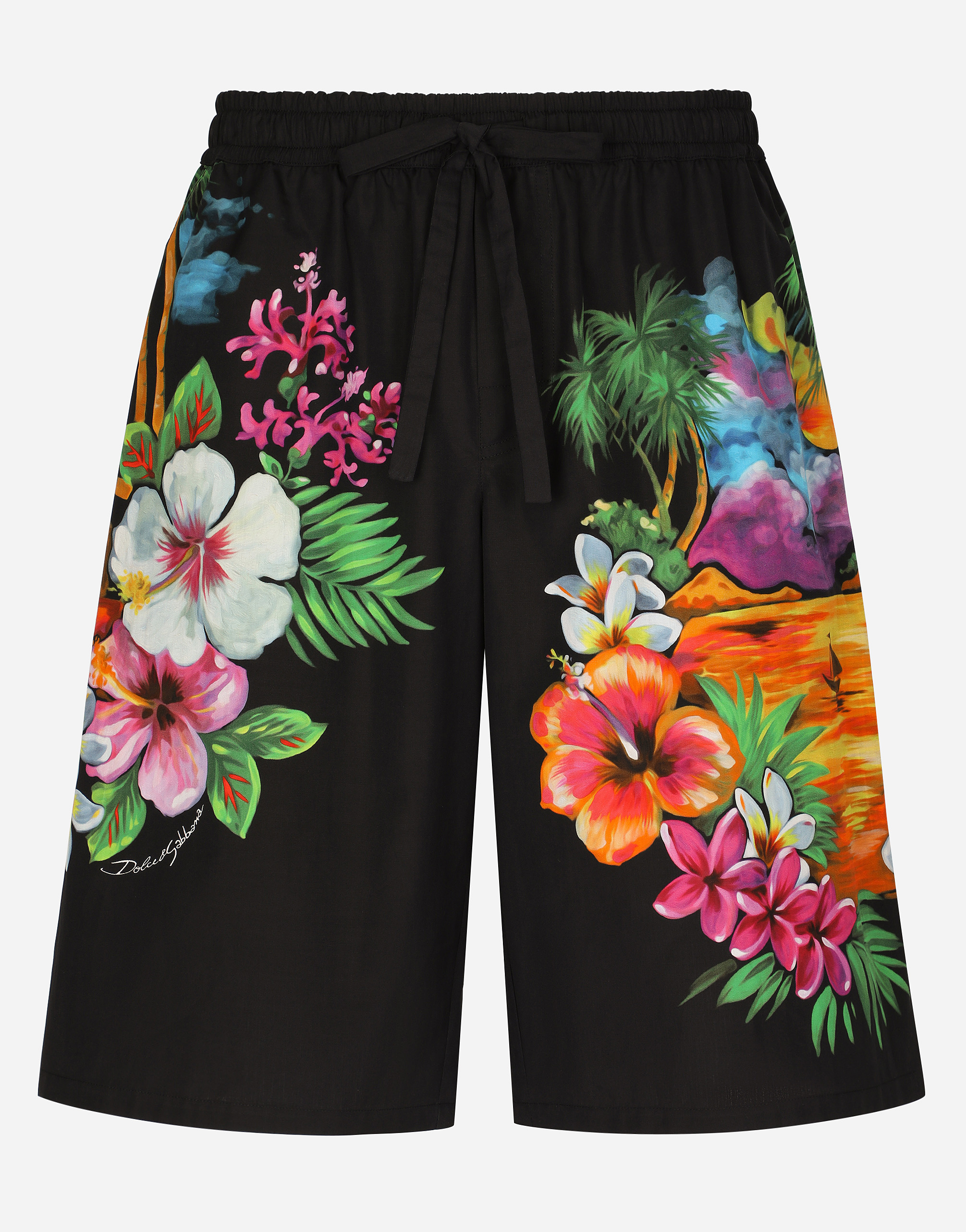 Cotton jogging shorts with Hawaiian print in Multicolor