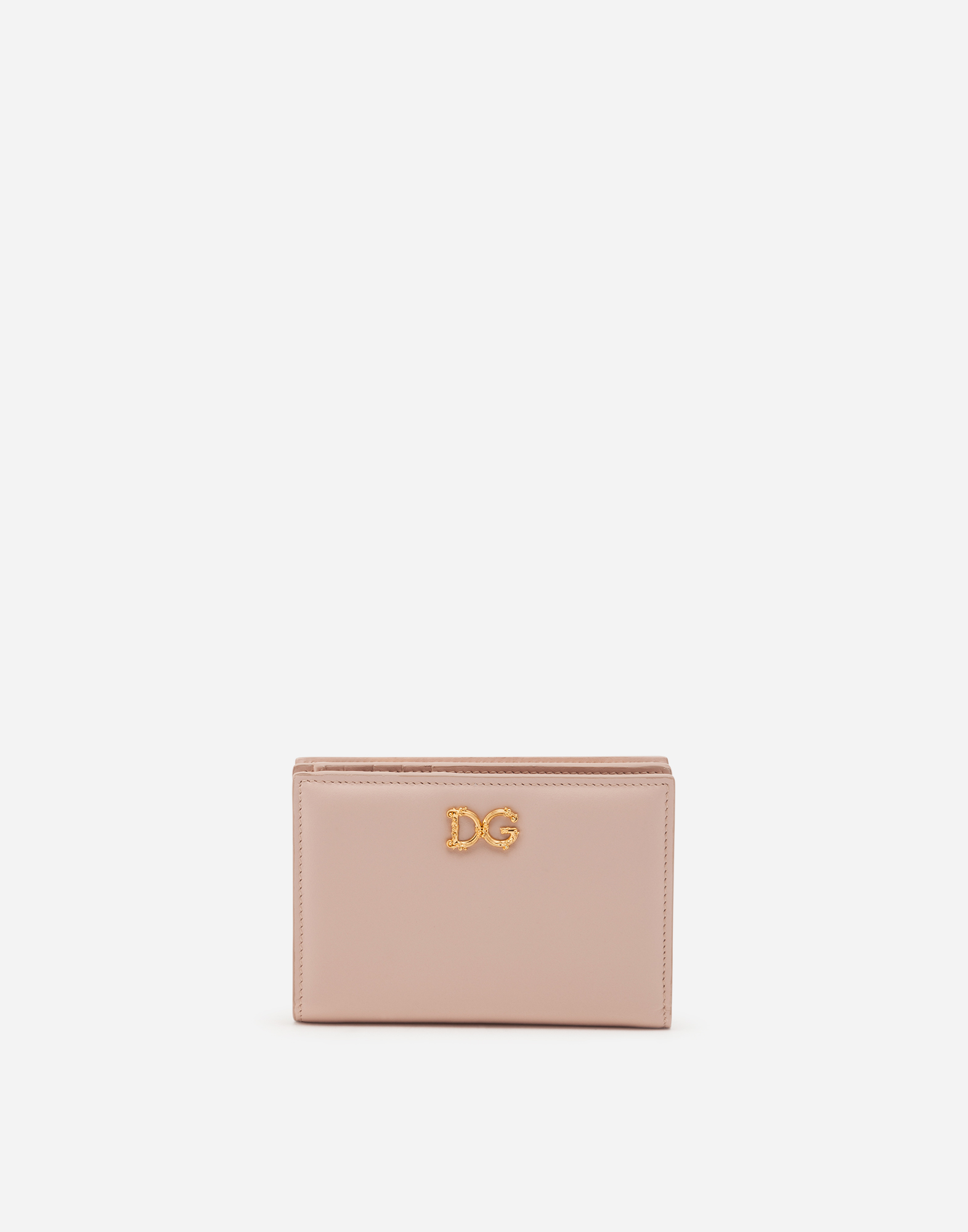 Small plain calfskin wallet with baroque logo in Pale Pink