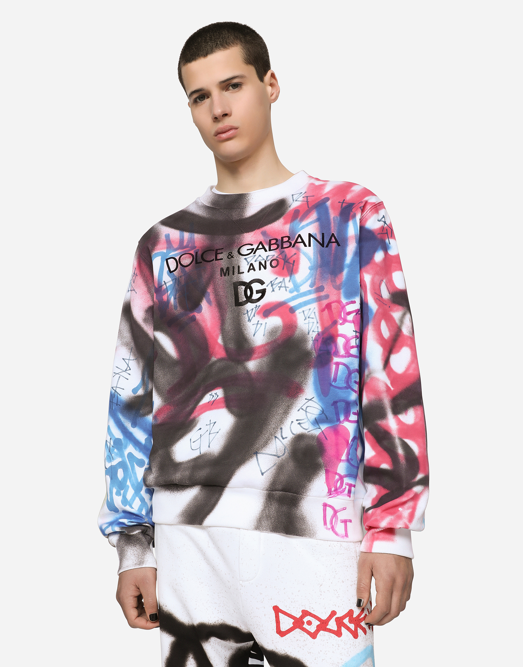 Embroidered jersey sweatshirt with spray-paint graffiti print in Multicolor
