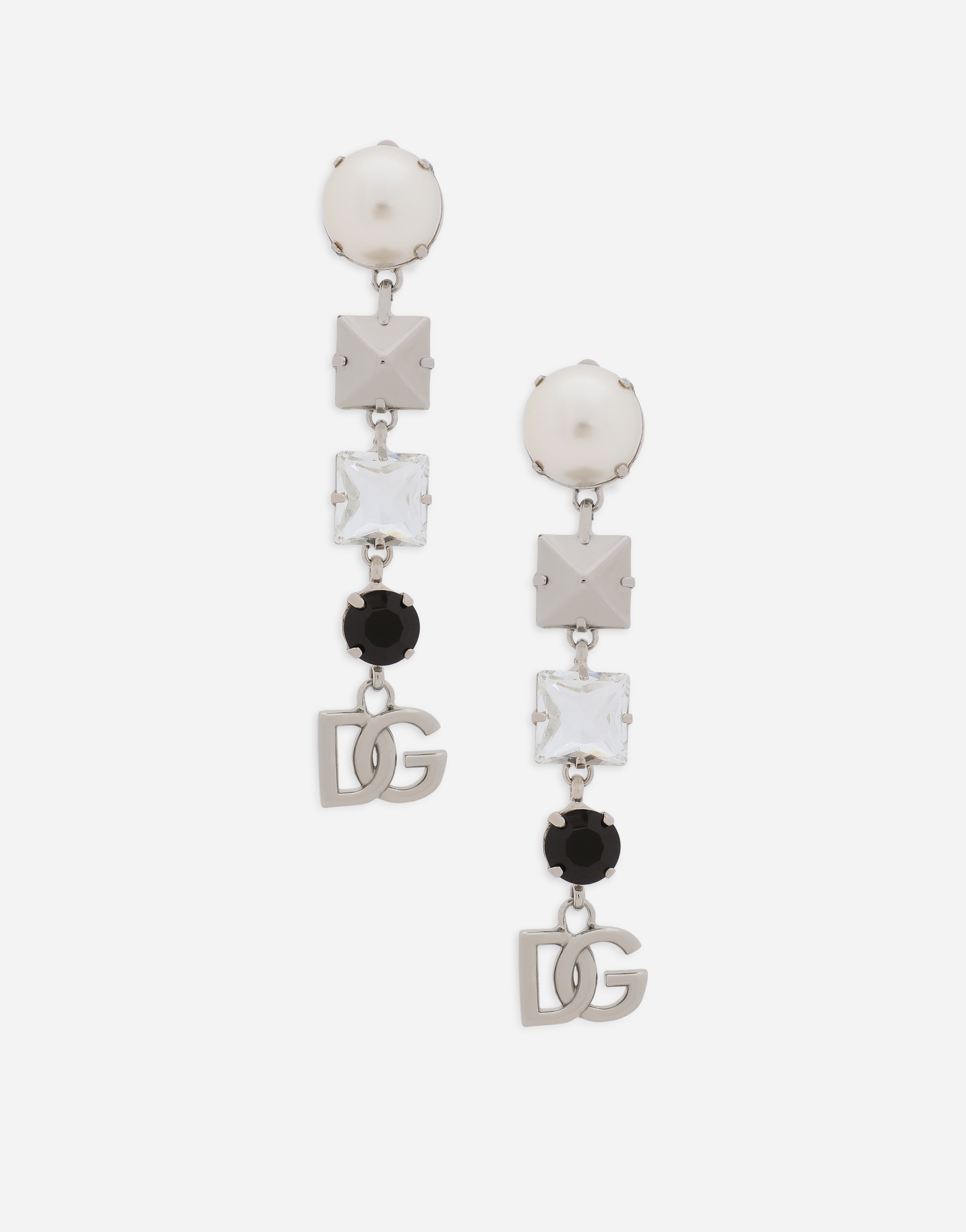 Drop earrings with rhinestones and DG logo in Silver