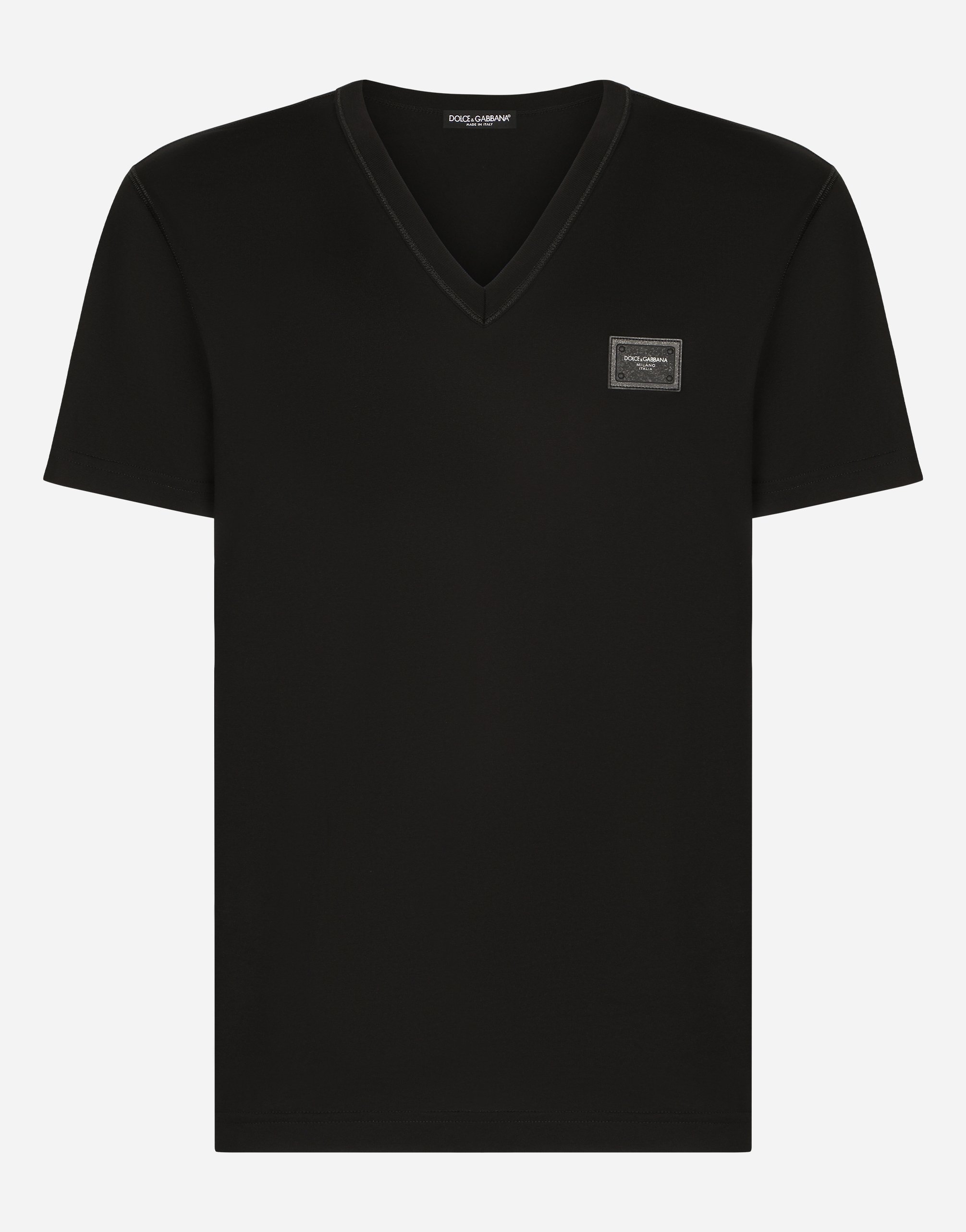 Cotton V-neck T-shirt with branded tag in Black