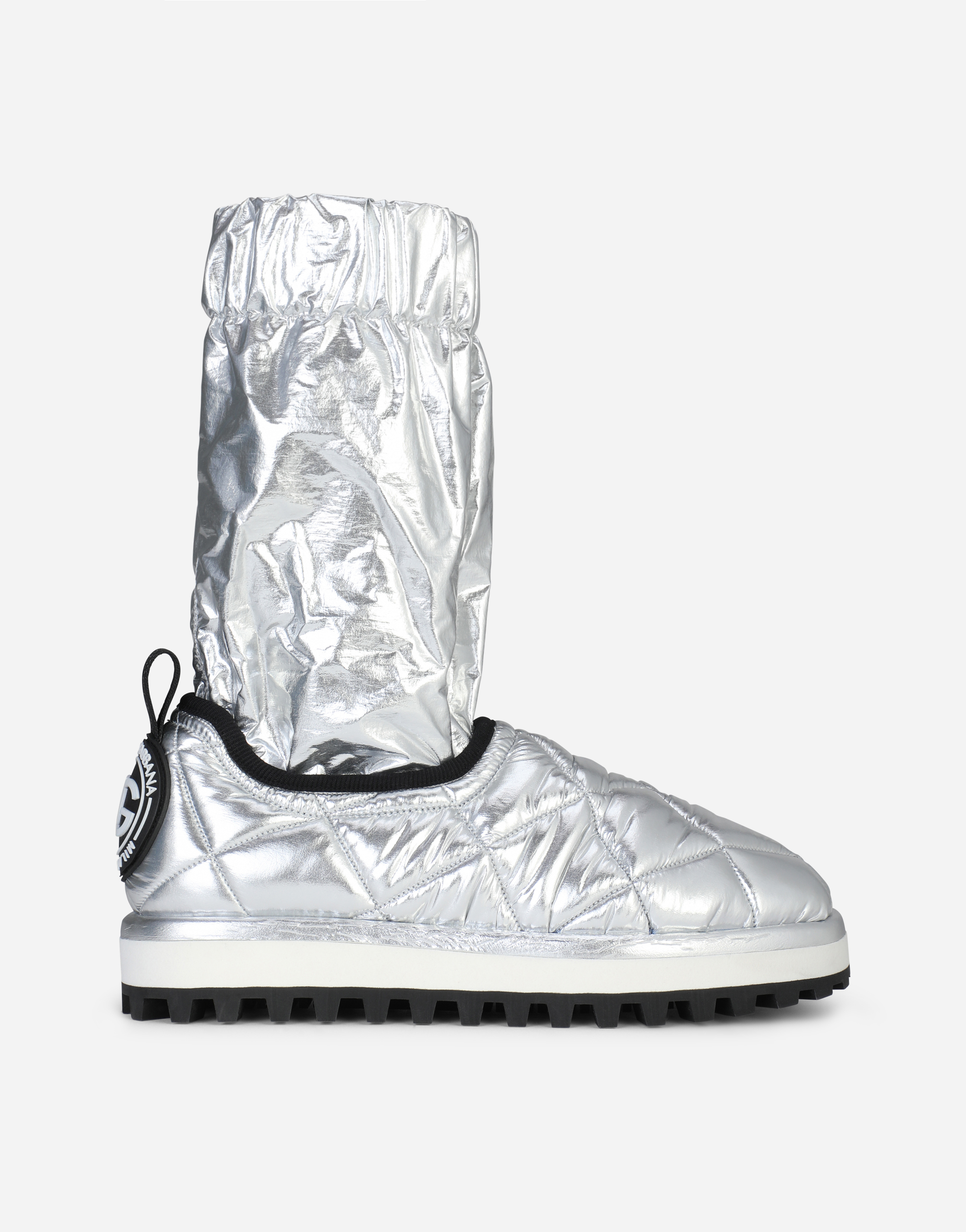 Quilted nylon slip-ons with foiled fabric sock in Silver