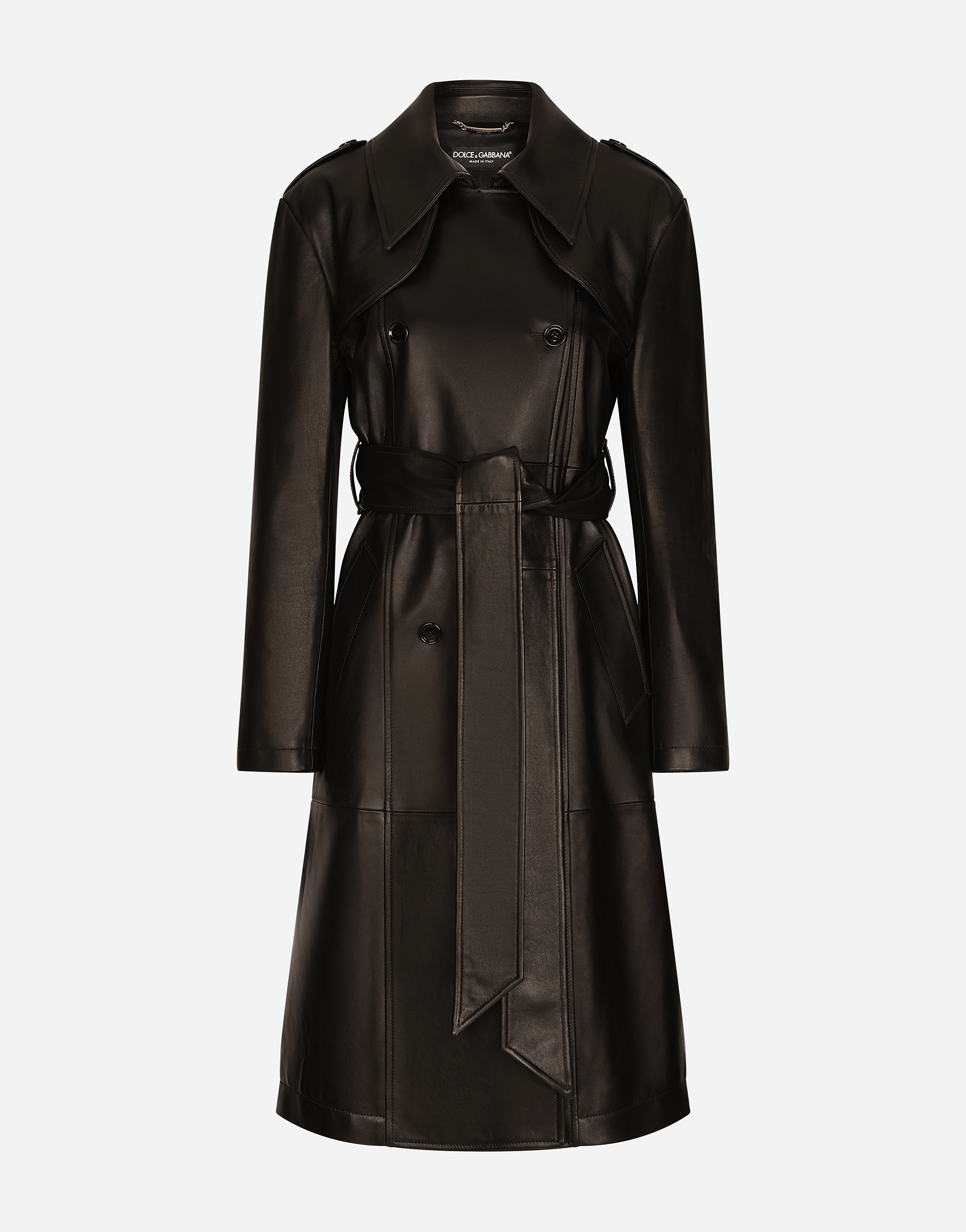 Belted double-breasted leather coat in Black