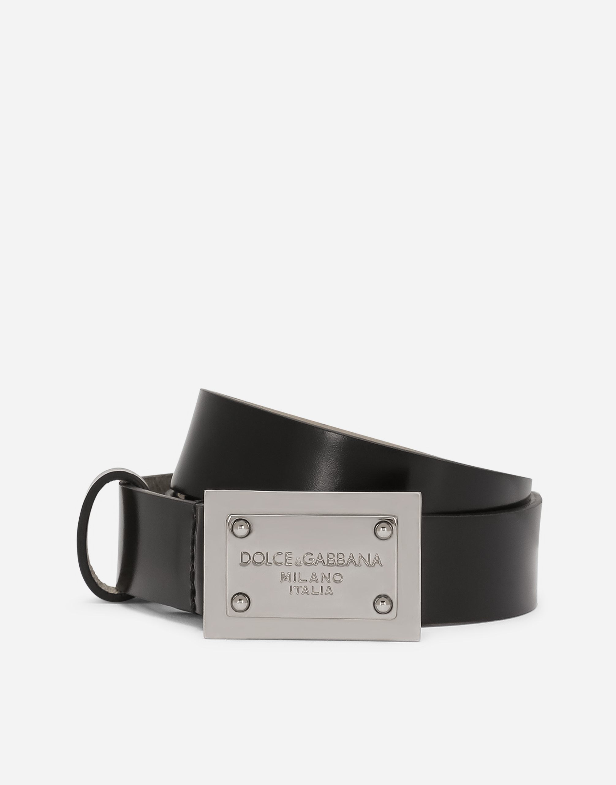 Calfskin belt with branded tag in Black