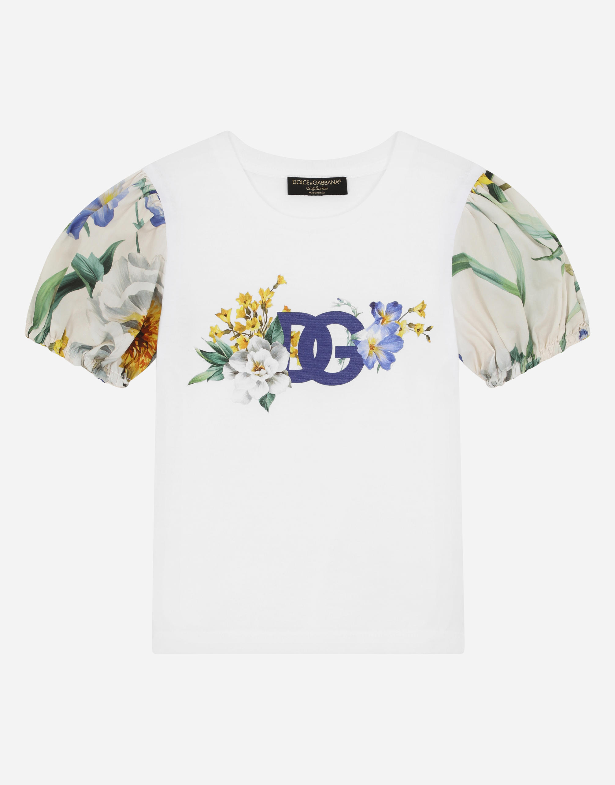 Jersey and poplin T-shirt with floral DG logo in Multicolor