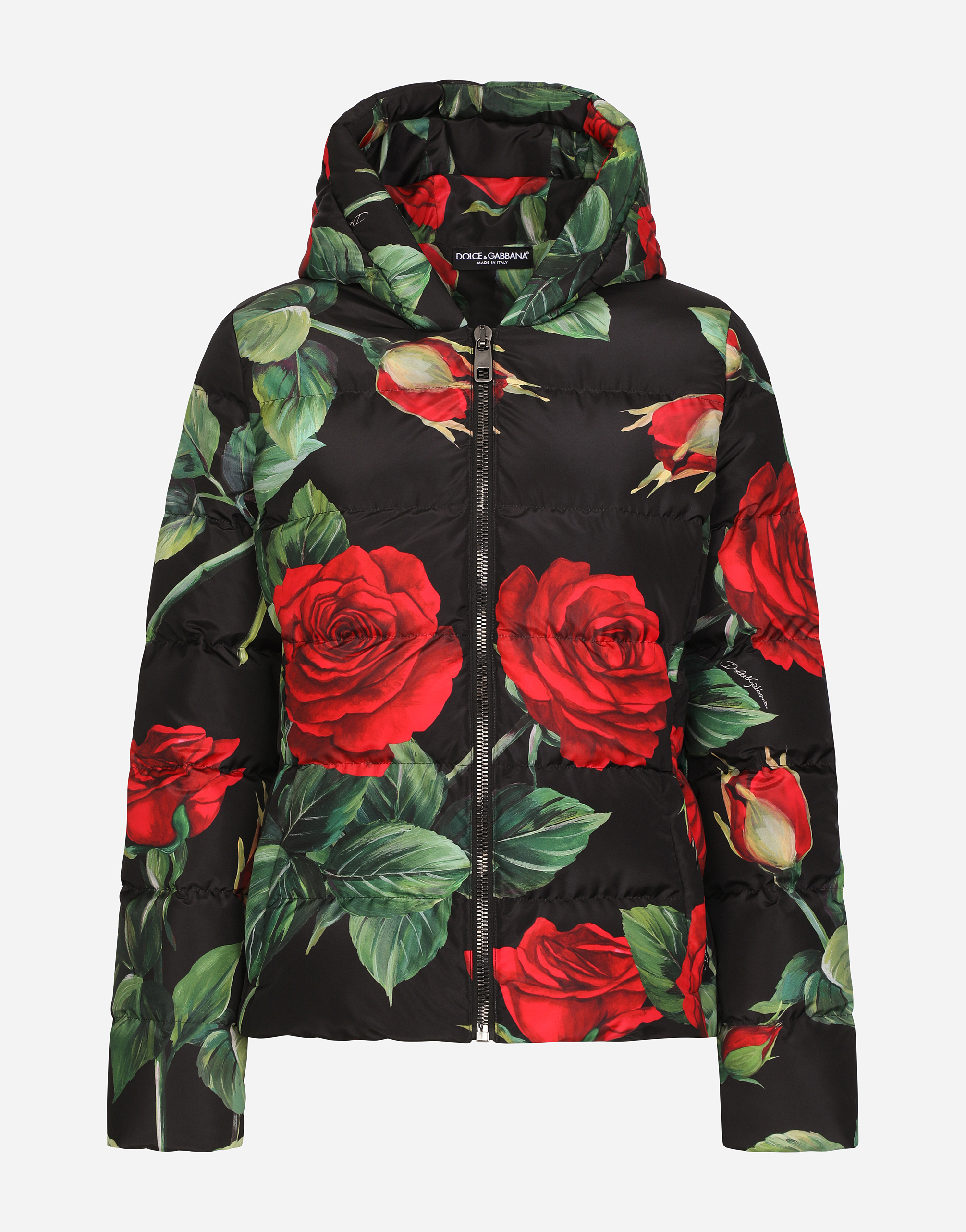 Nylon down jacket with red rose print in Multicolor