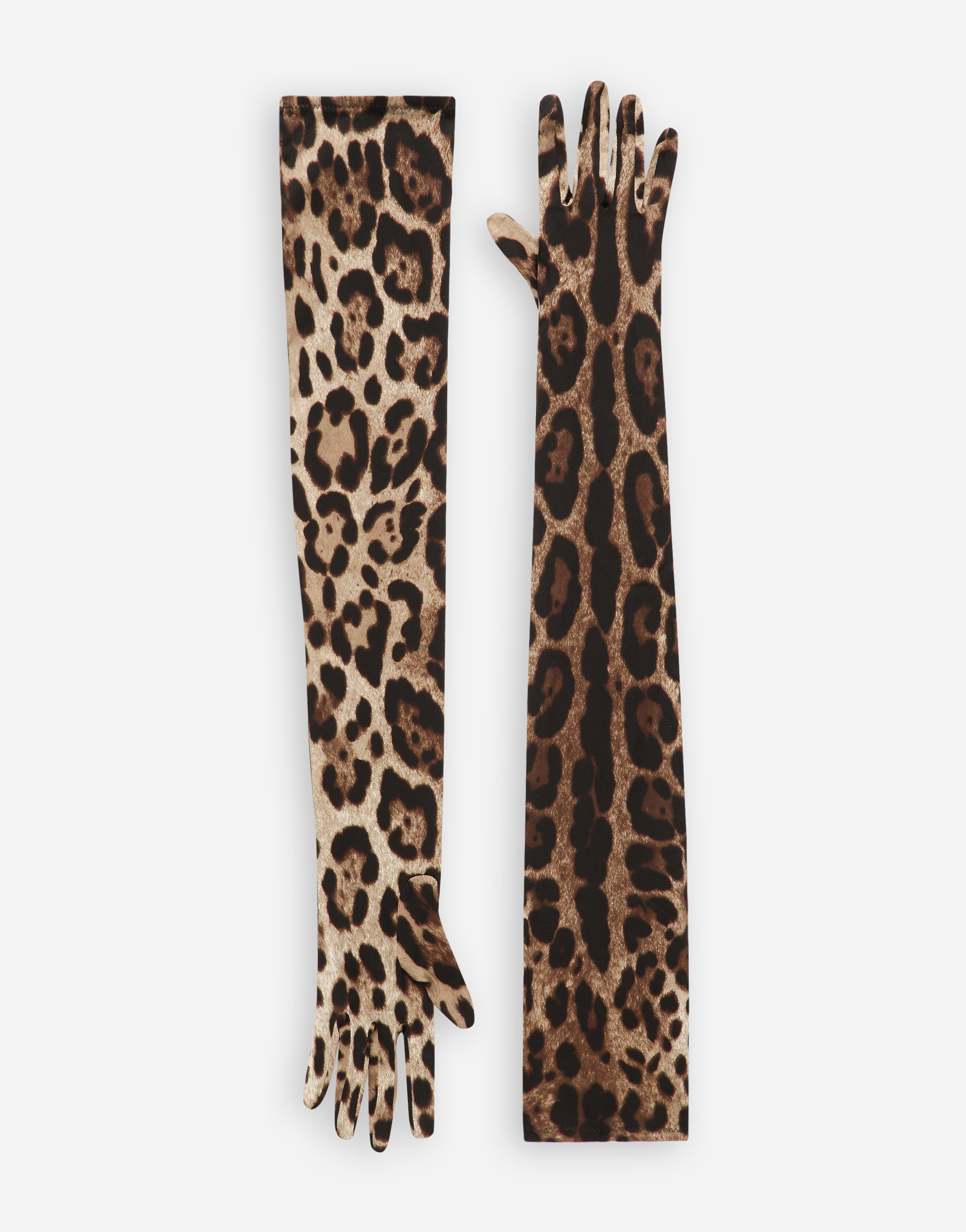 KIM DOLCE&GABBANA Long leopard-print stretch satin gloves in Animal Print