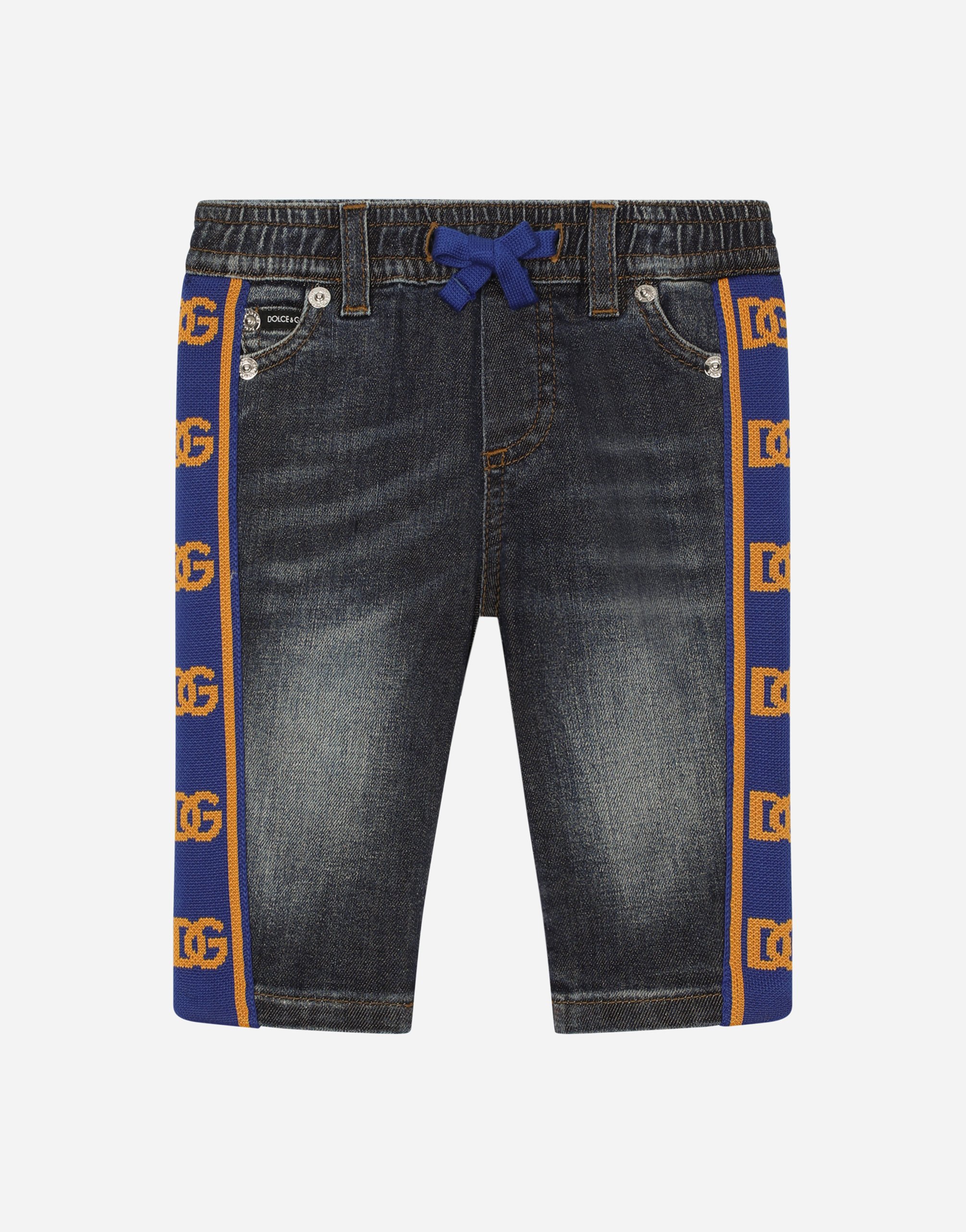 Blue denim jeans with logo band in Multicolor