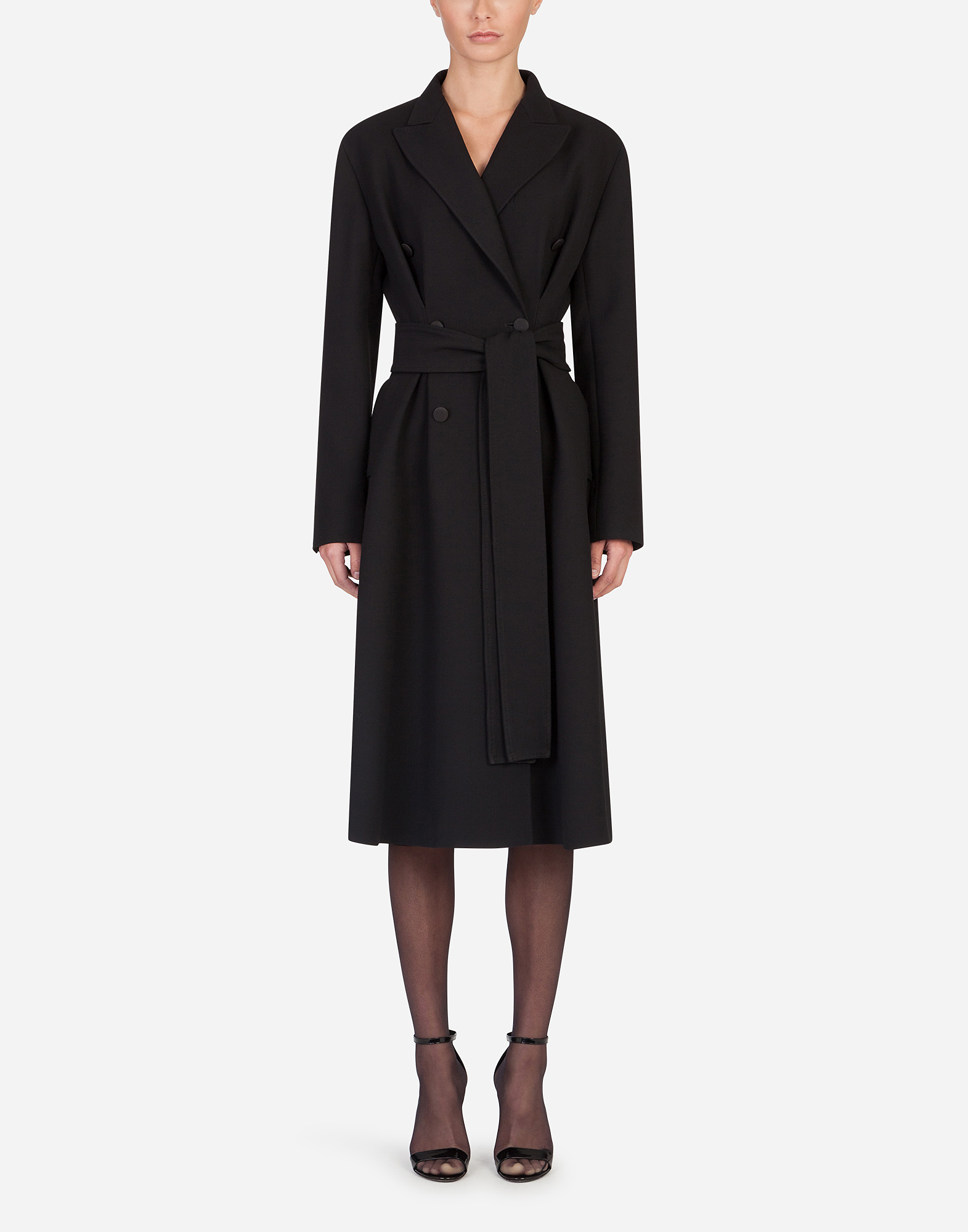 Belted double-breasted crepe coat in Black