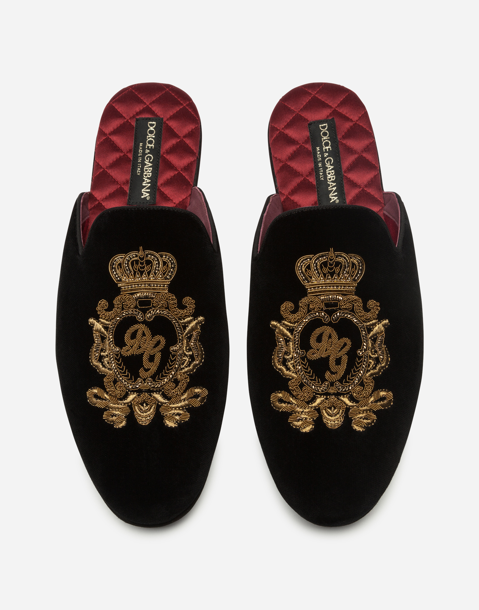 Velvet slippers with coat of arms embroidery in Black for Men |  Dolce&Gabbana®