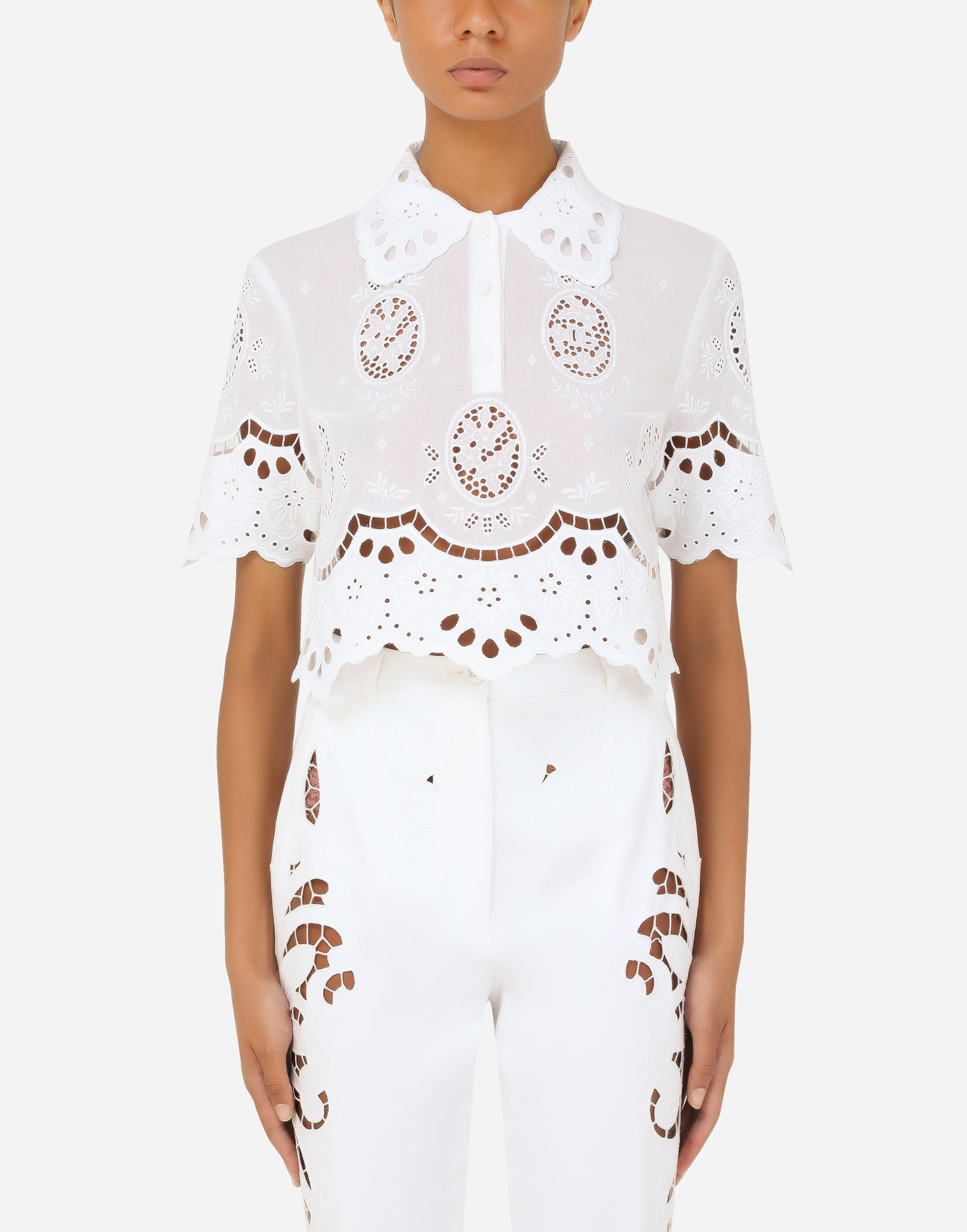 Gauze polo-shirt with embroidery in White