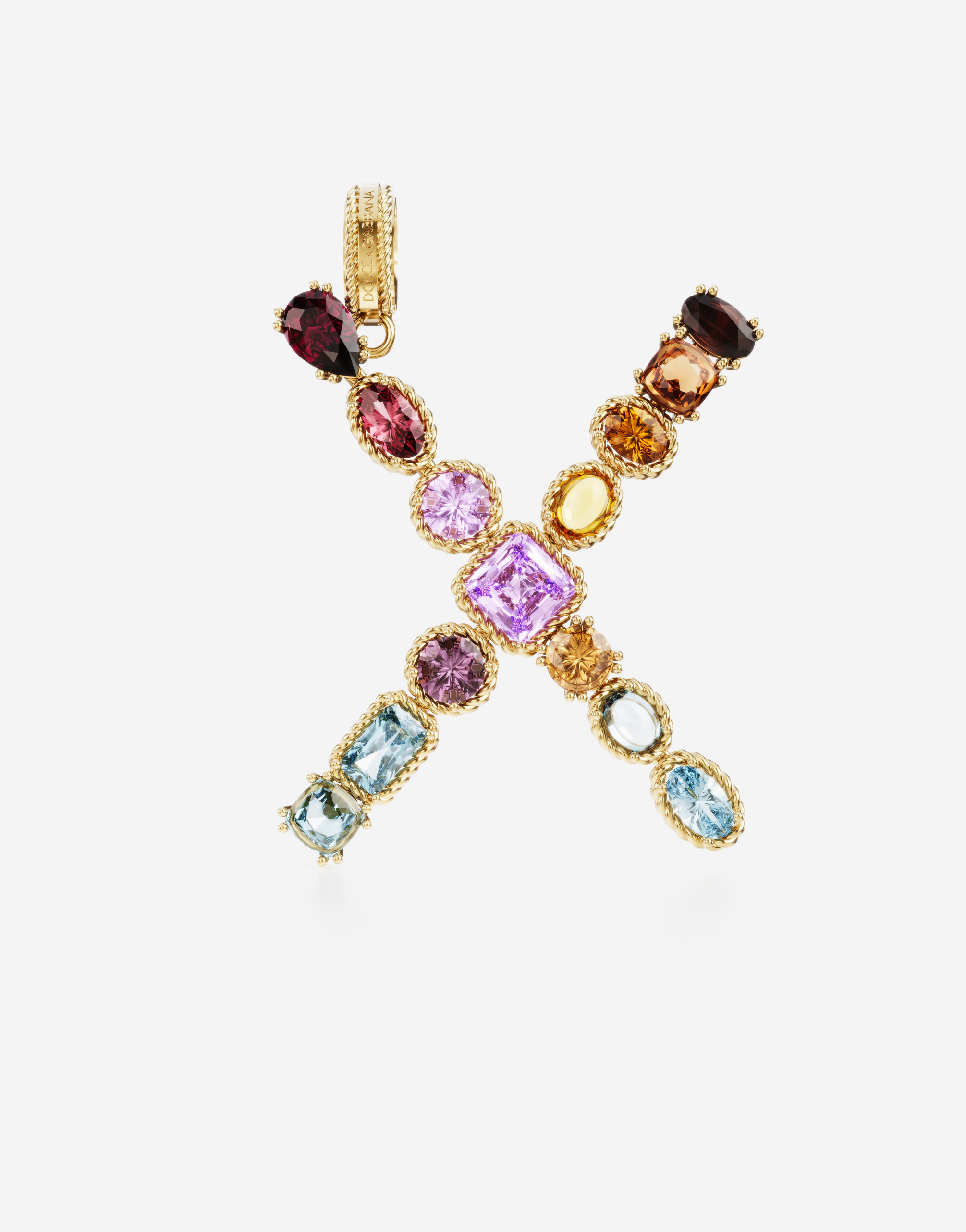 Rainbow alphabet X 18 kt yellow gold charm with multicolor fine gems in Gold