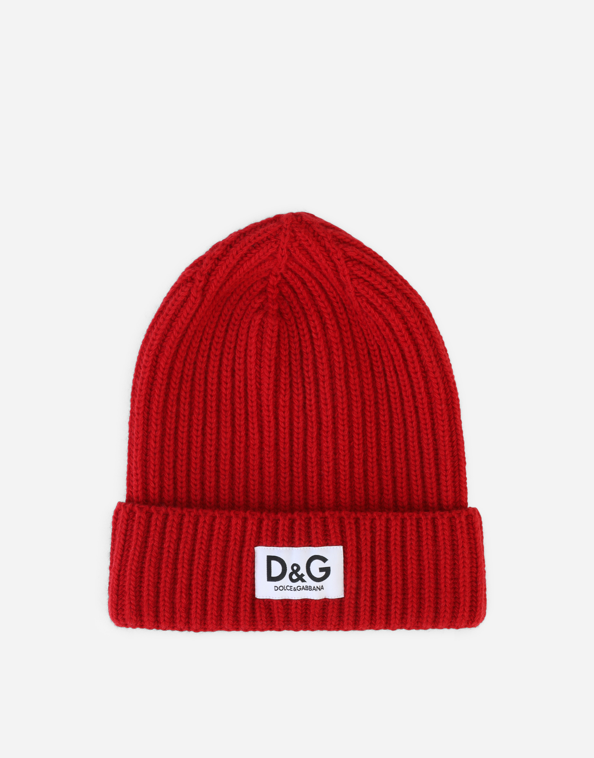 Ribbed knit hat with logo label in Red