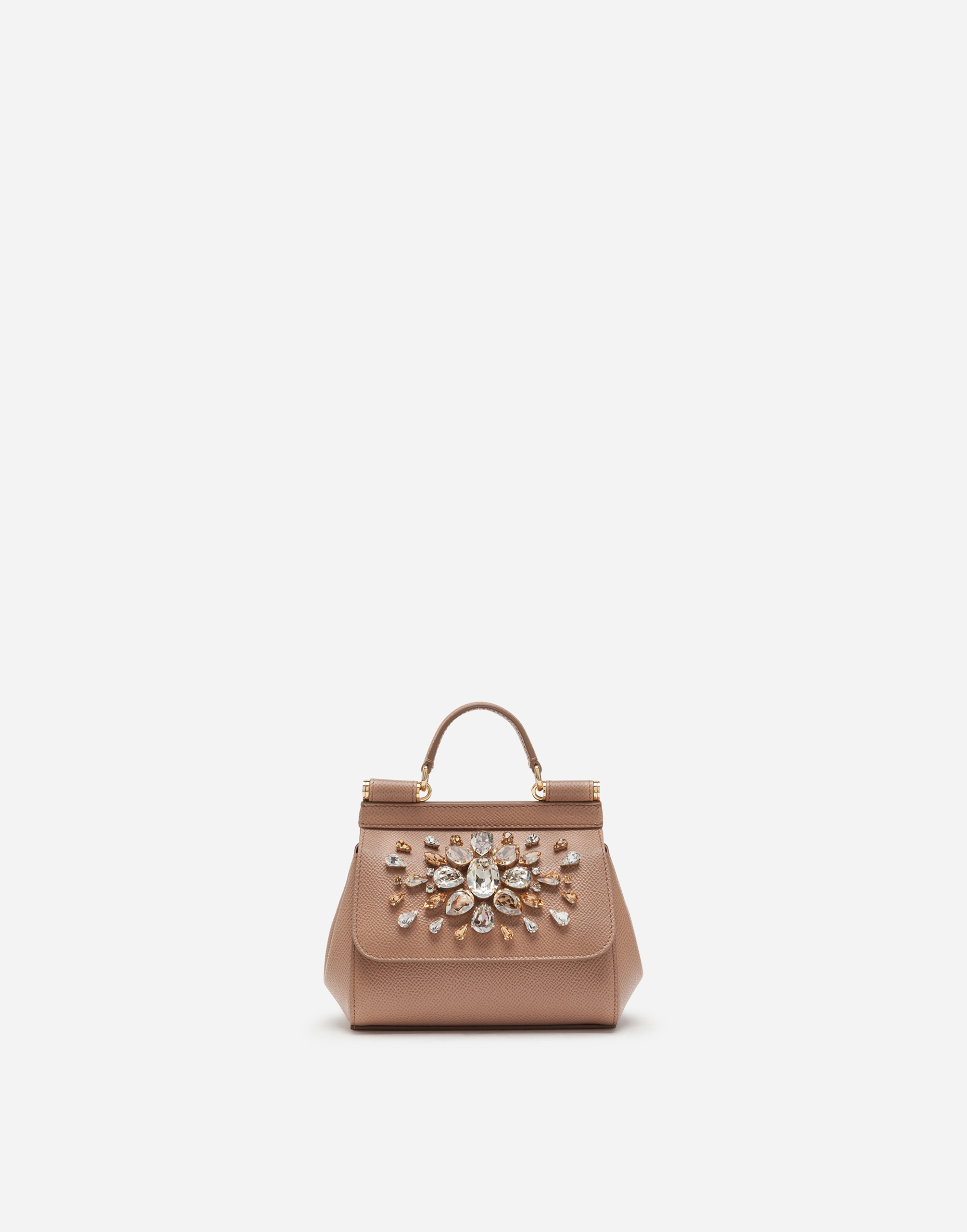 Dolce & Gabbana Dauphine Calfskin Sicily Mini Bag With Rhinestone Embellishement In Beige