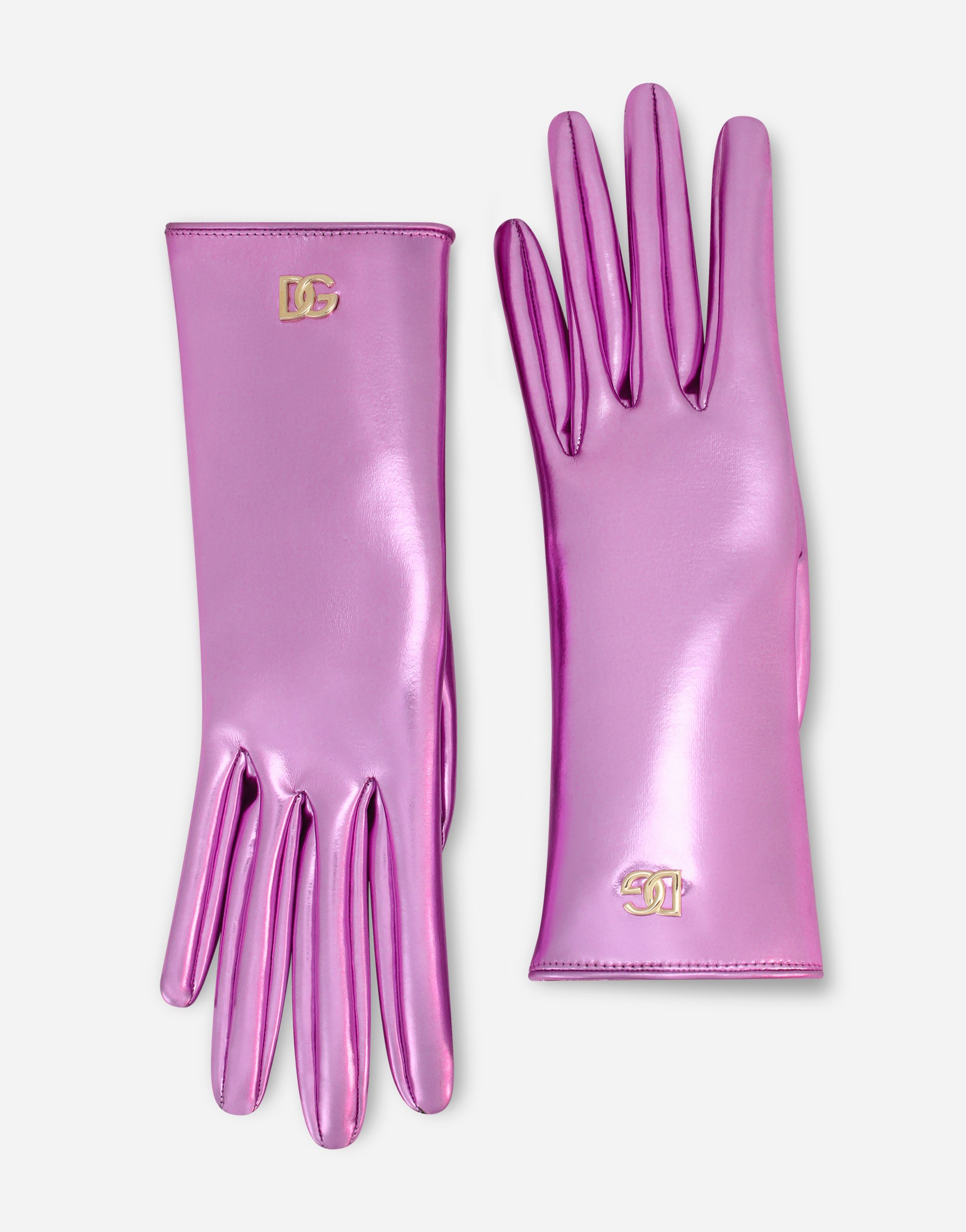 Foiled nappa leather gloves with DG logo in Pink