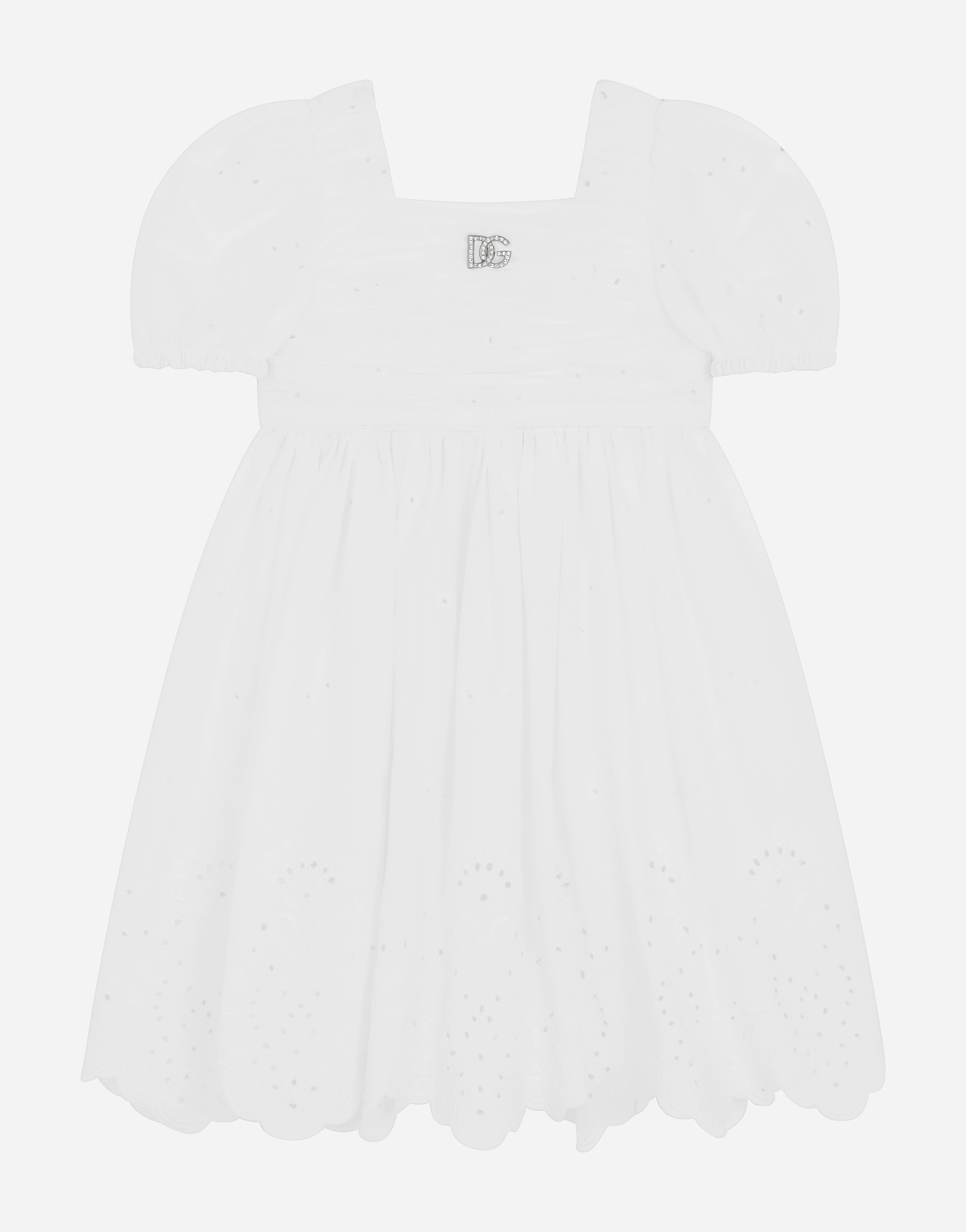 Poplin midi dress with broderie anglaise detailing in White