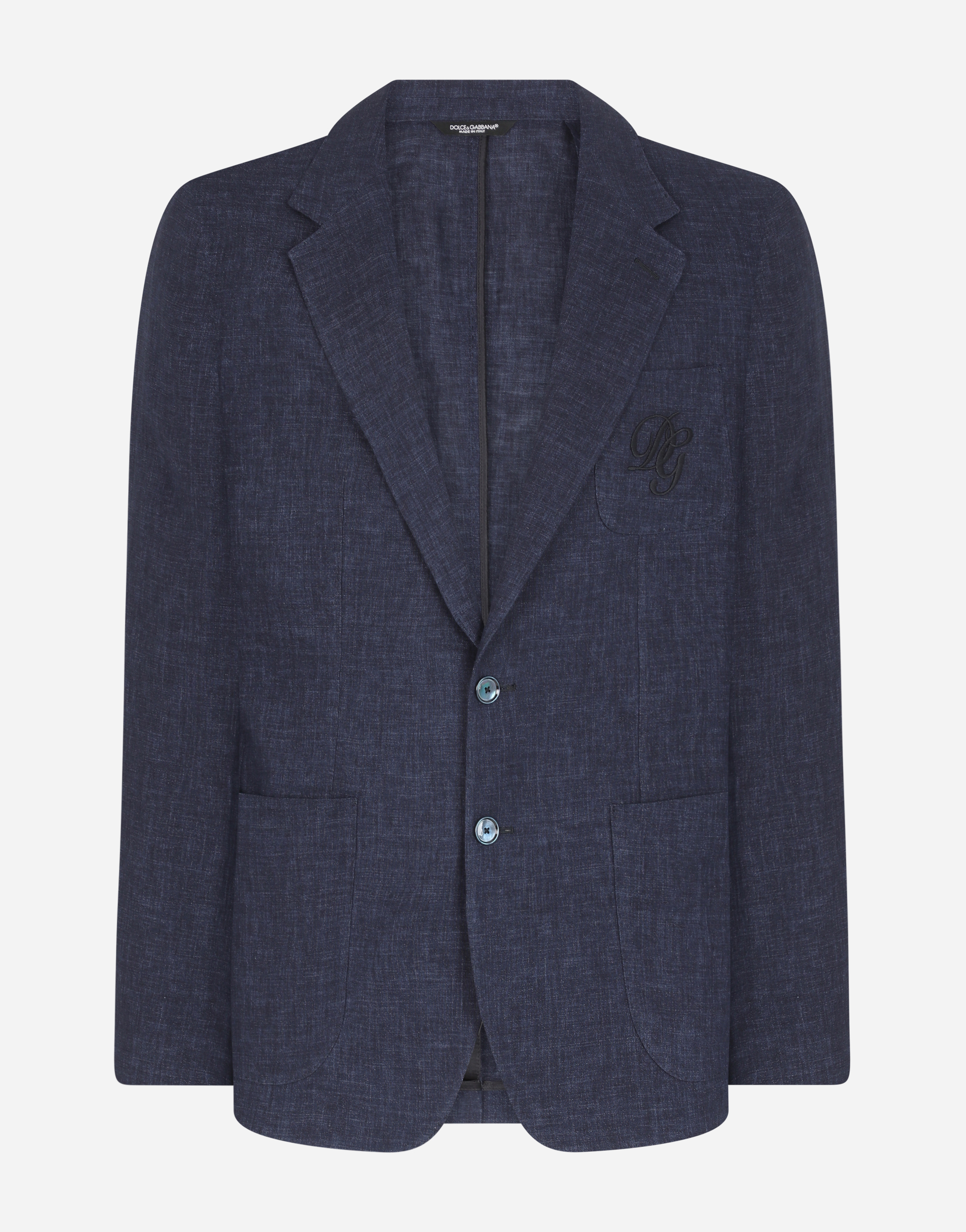 Deconstructed linen jacket with DG embroidery in Blue