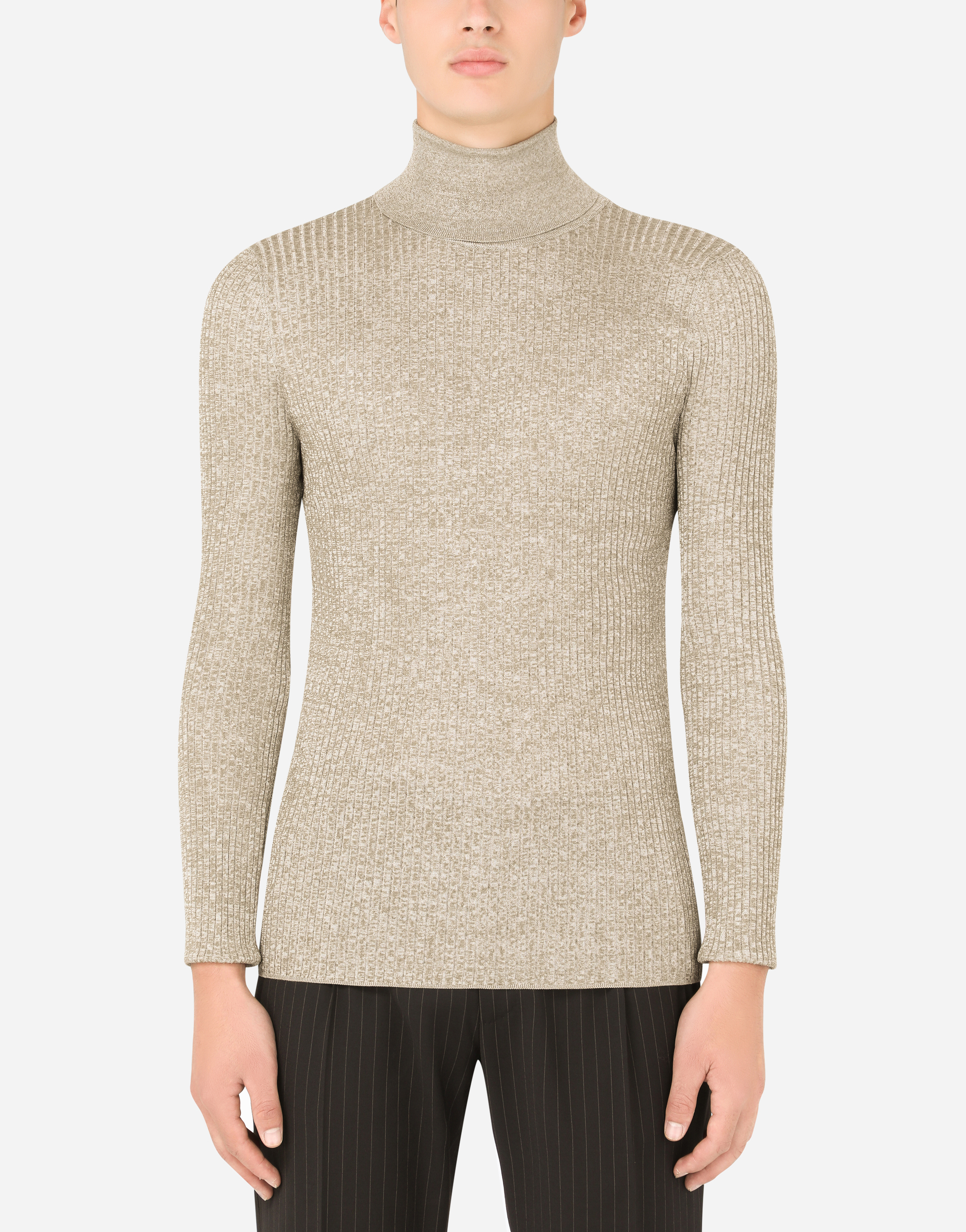 Ribbed technical yarn turtle-neck sweater in Beige