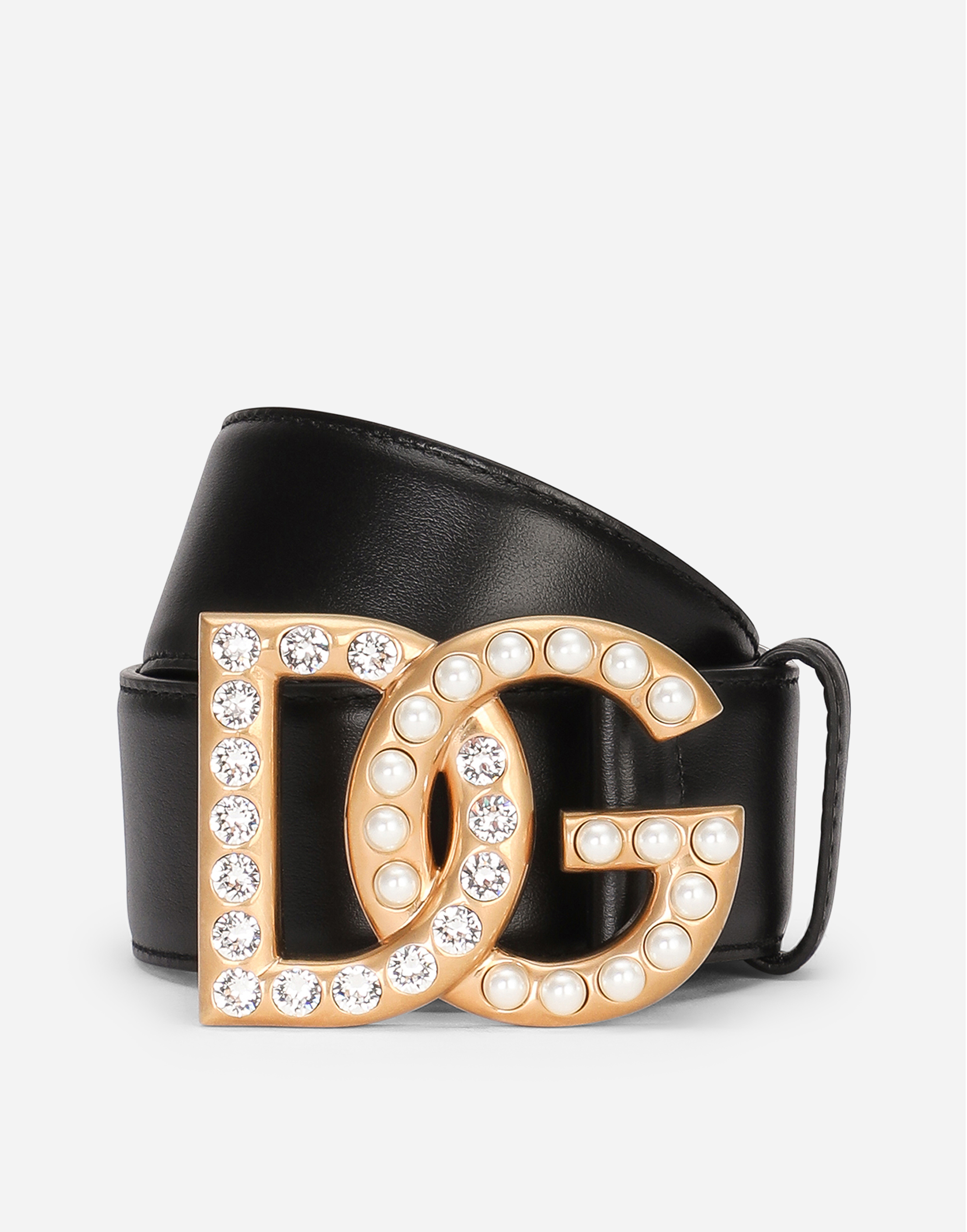 Calfskin belt with DG logo with rhinestones and pearls in Multicolor