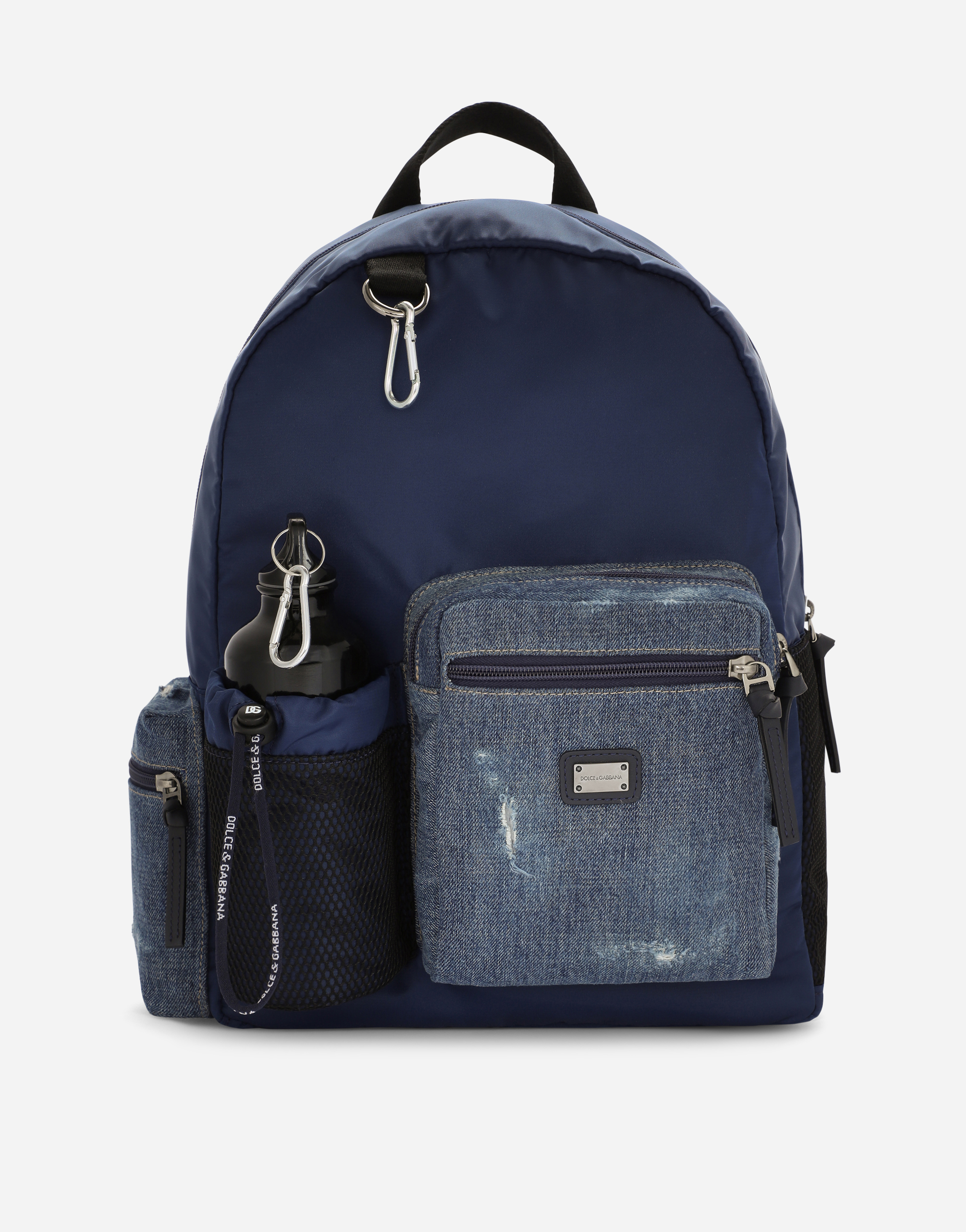 Denim and nylon backpack with logo tag in Blue