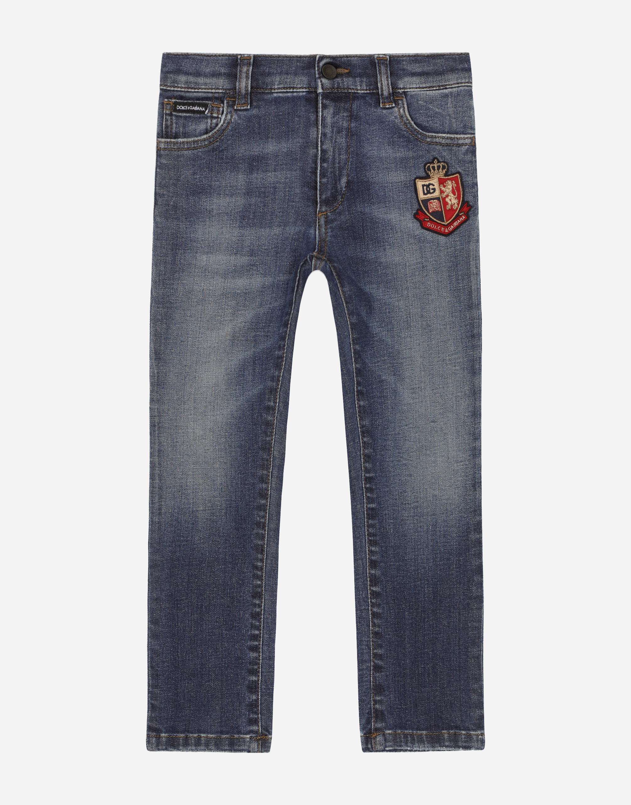 Slim-fit blue wash jeans with heraldic patch in Multicolor