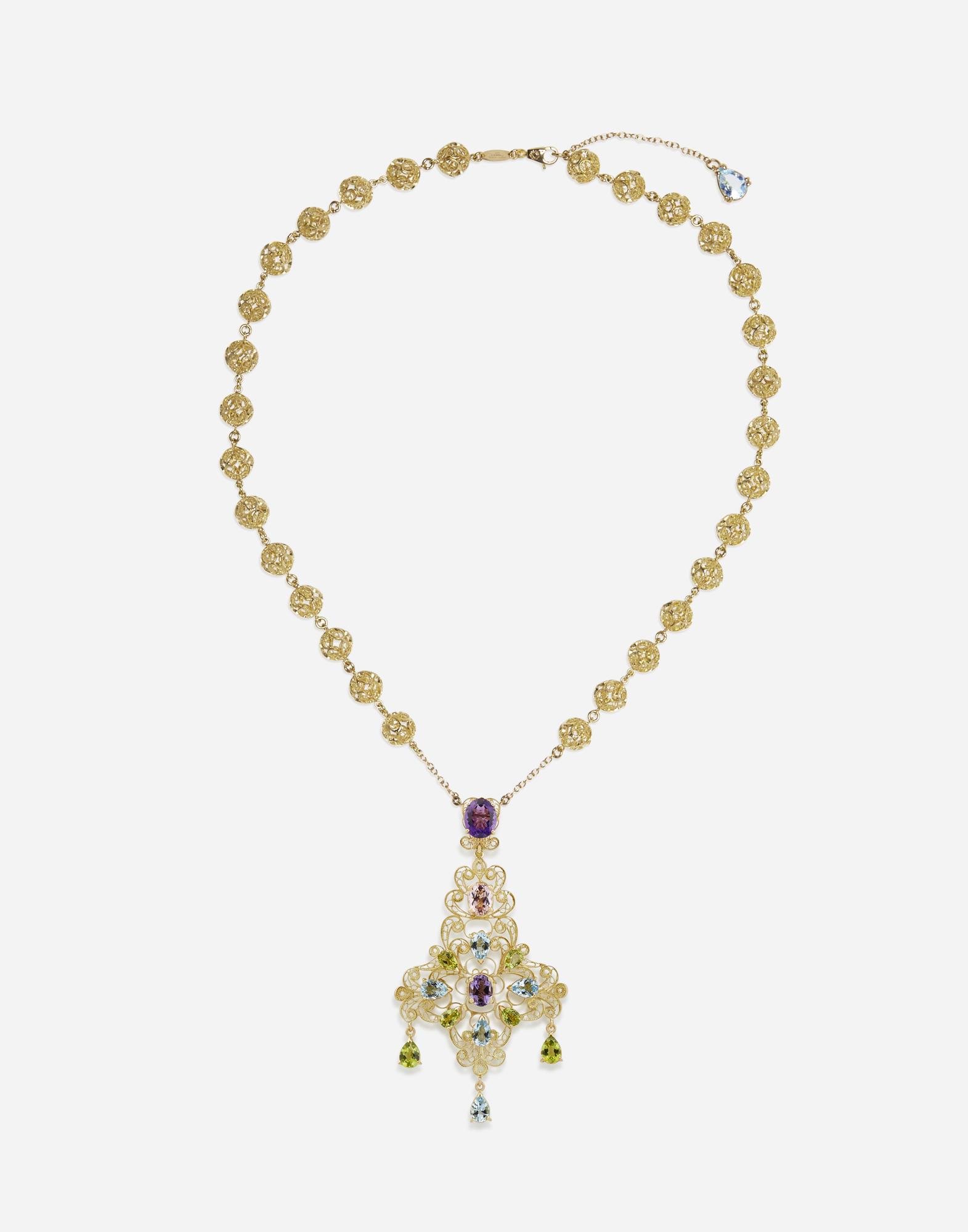 Pizzo necklace in yellow gold filigree with amethysts, aquamarines, peridots and morganite in Gold
