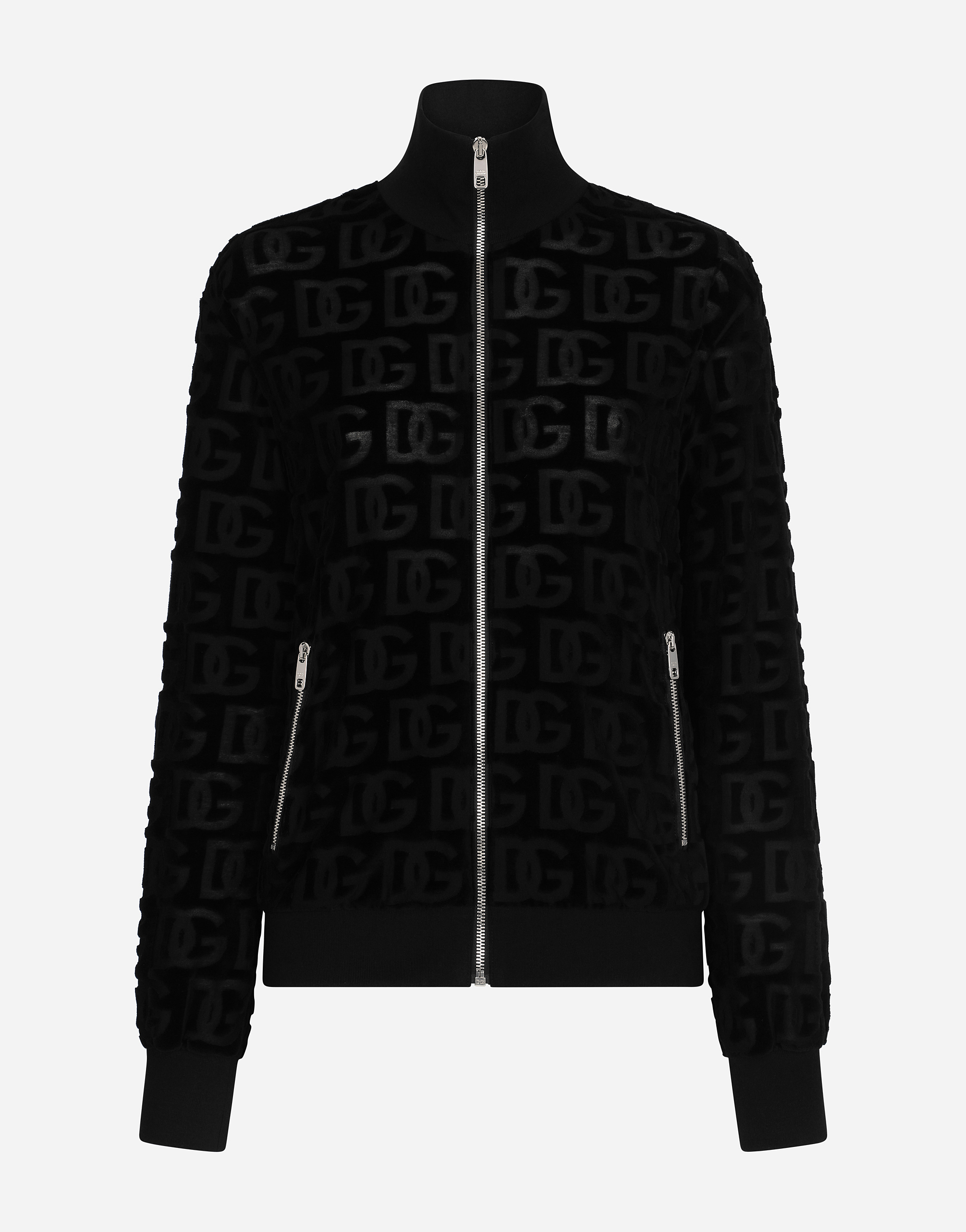 Jacquard jersey sweatshirt with all-over DG detail and zipper in Black