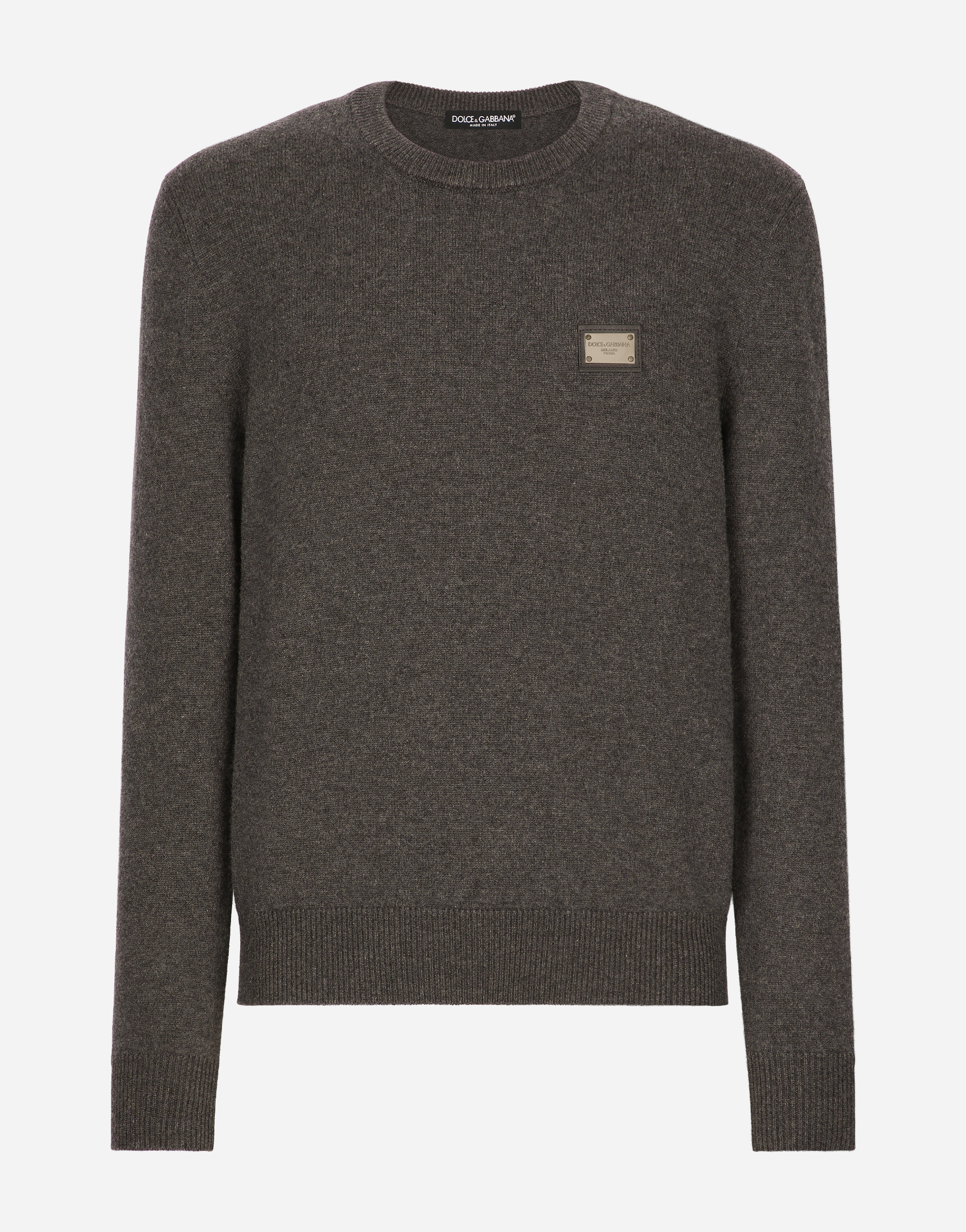 Wool round-neck sweater with branded tag in Grey