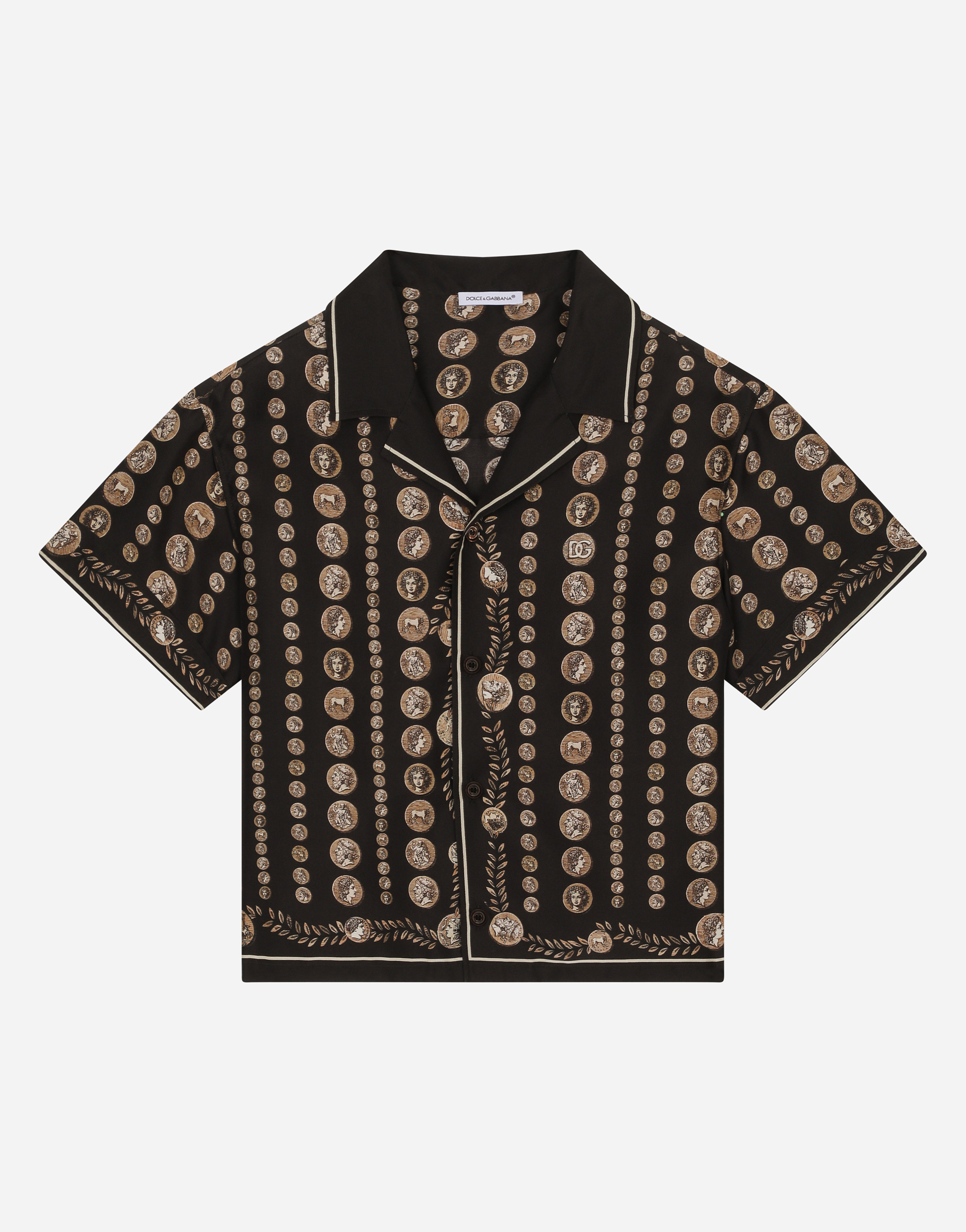 Short-sleeved silk shirt with coin print in Brown