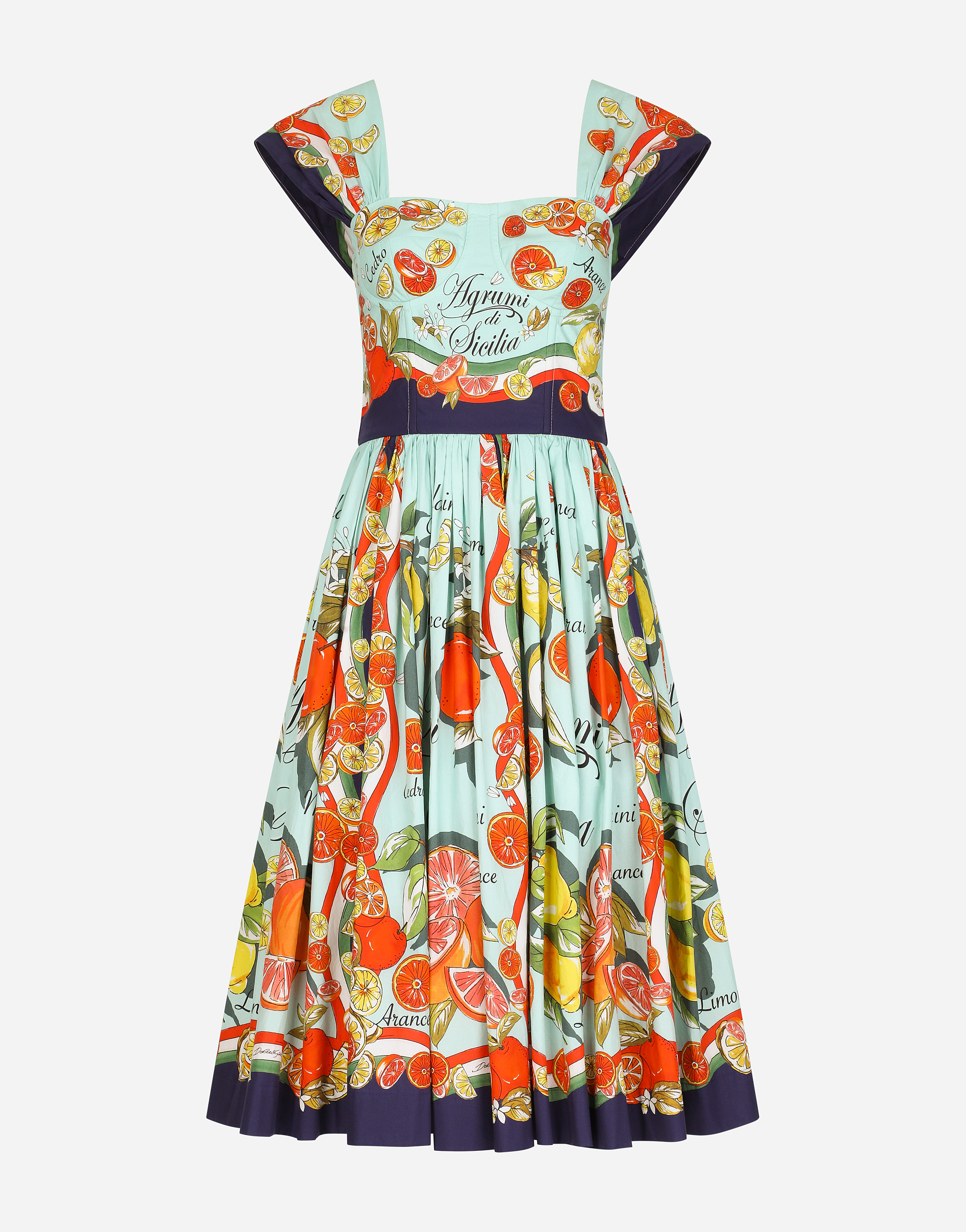 Bustier midi dress in citrus-print poplin in Multicolor