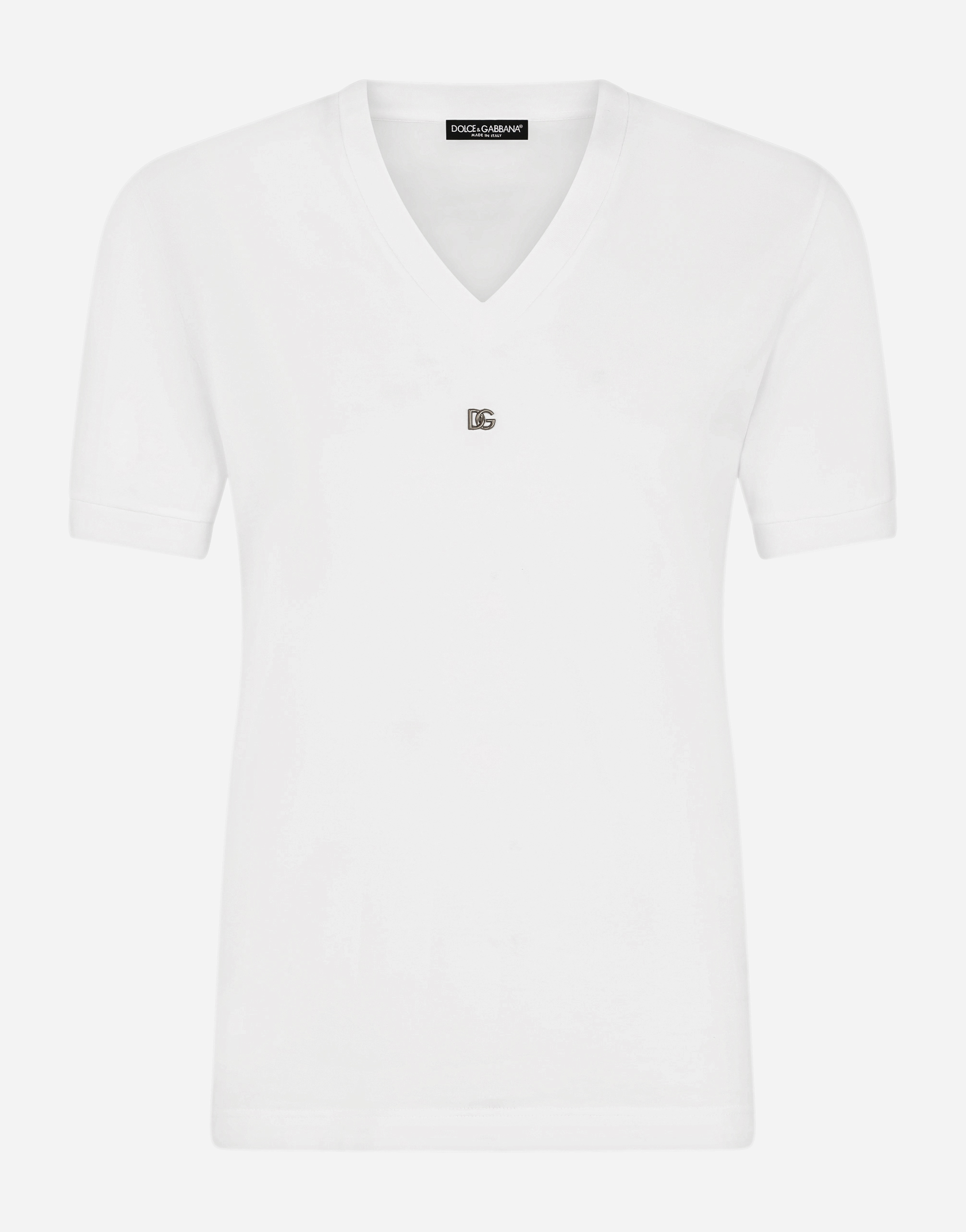 Cotton V-neck T-shirt with metal DG logo in White
