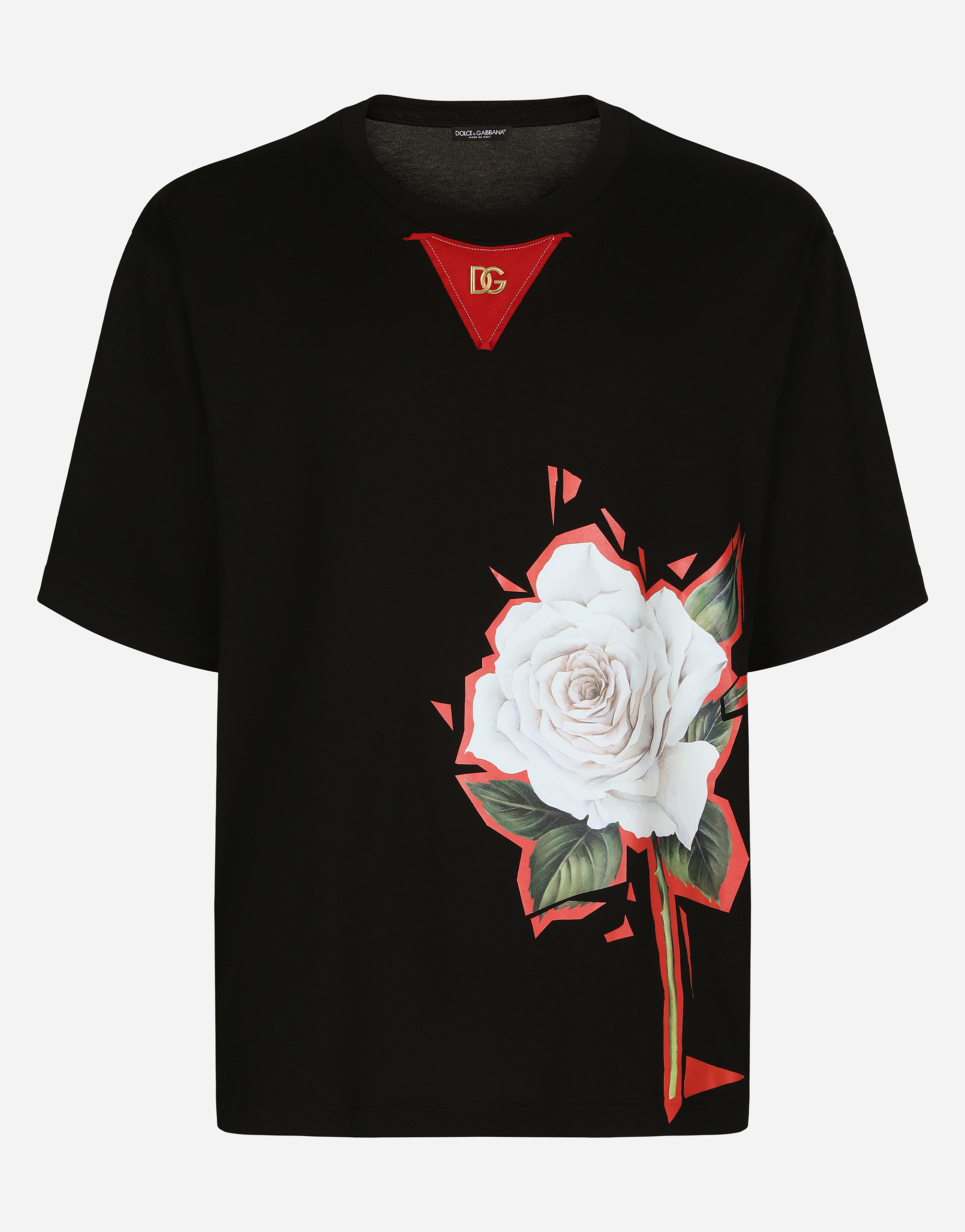 Floral-print cotton T-shirt with DG patch in Black